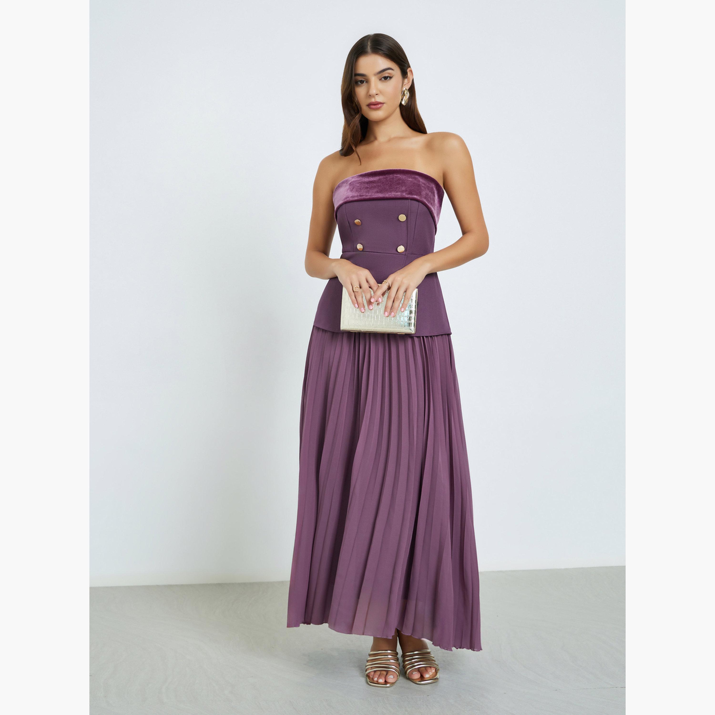 ستايلي - فستان ماكسي أرجواني بفتحة رقبة على شكل شريط ومطوي للنساء-women-clothing-dresses-image-2