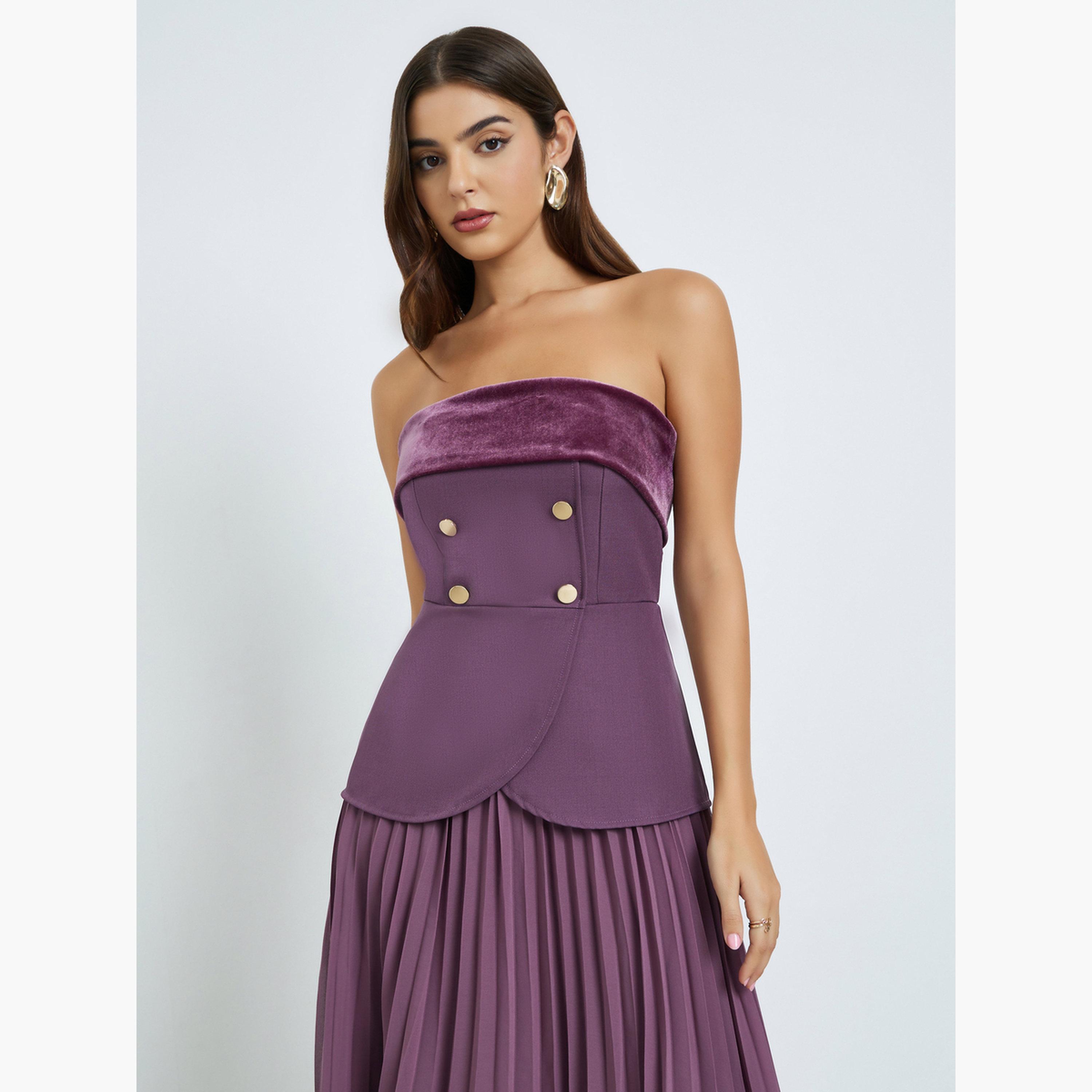 ستايلي - فستان ماكسي أرجواني بفتحة رقبة على شكل شريط ومطوي للنساء-women-clothing-dresses-image-3