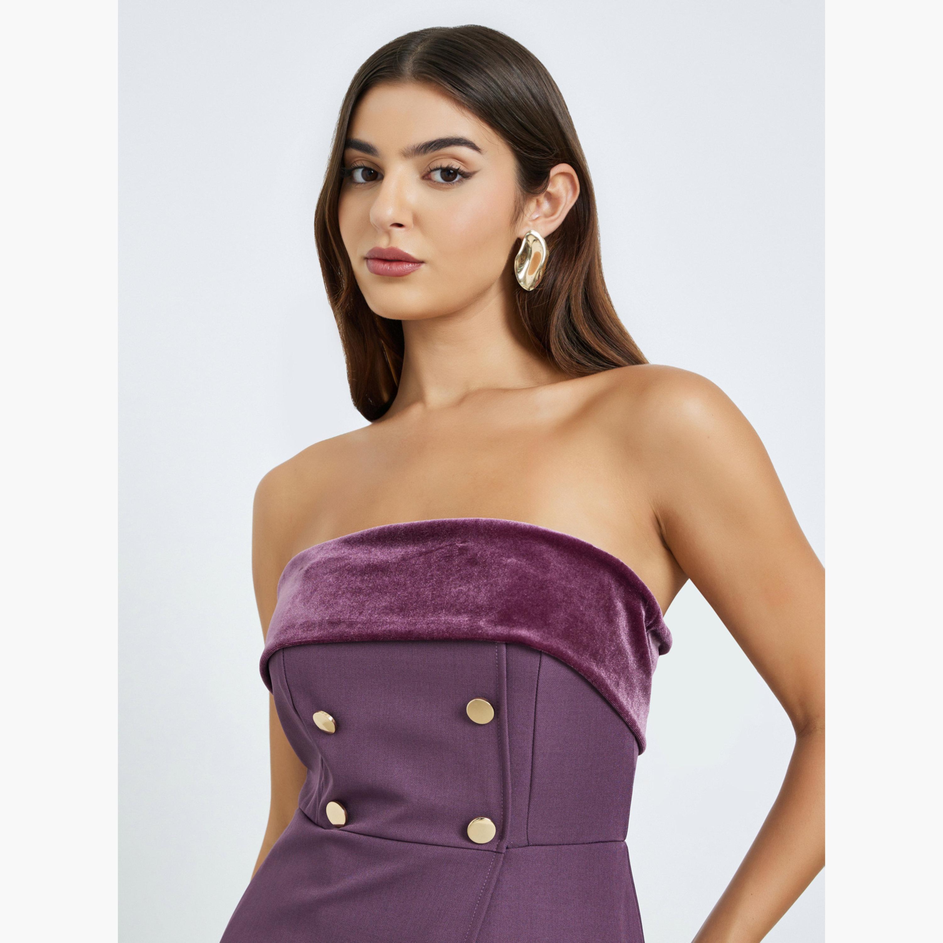ستايلي - فستان ماكسي أرجواني بفتحة رقبة على شكل شريط ومطوي للنساء-women-clothing-dresses-image-4