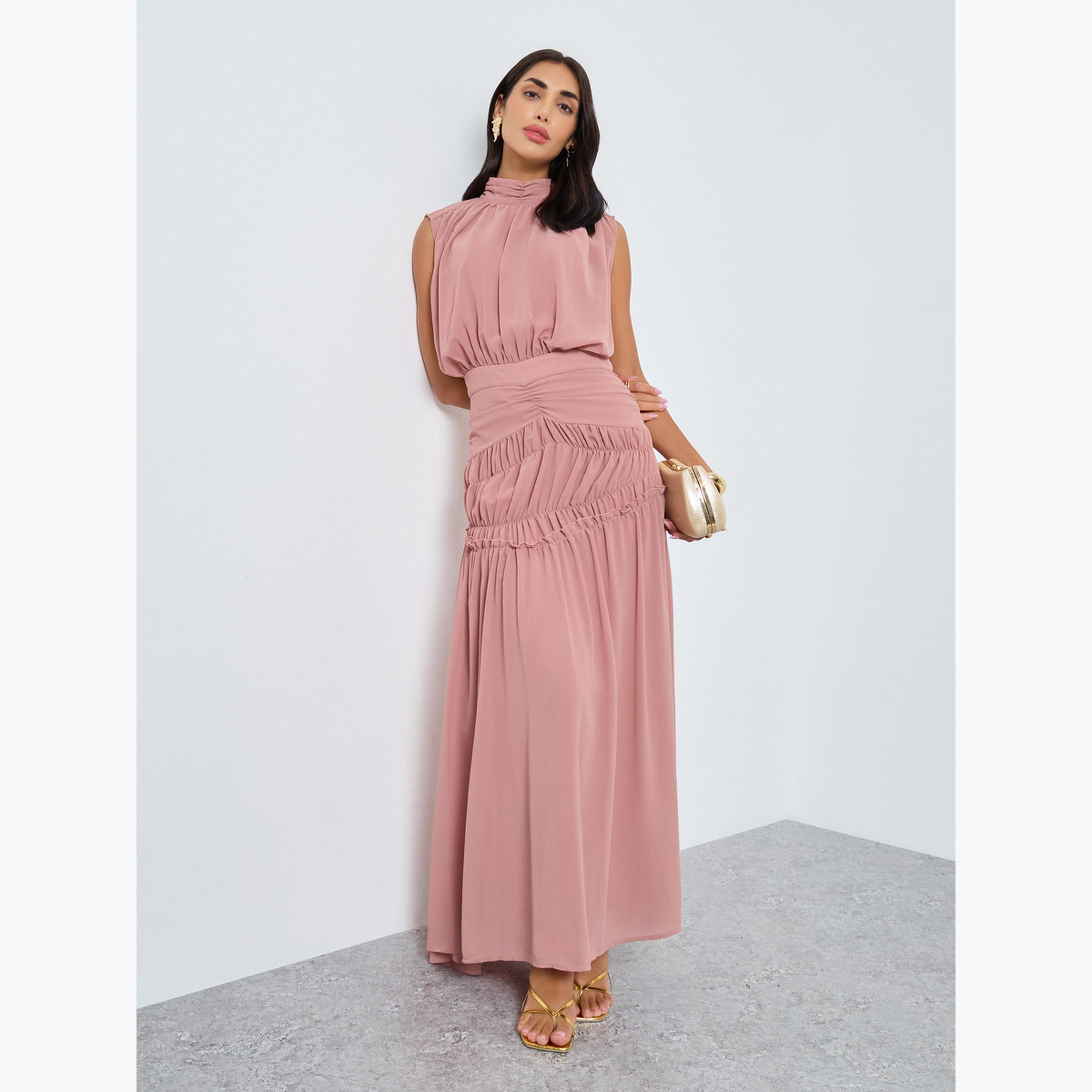 Styli Women Pink Pleating Waist Sleeveless Maxi Dress-women-clothing-dresses-image-1