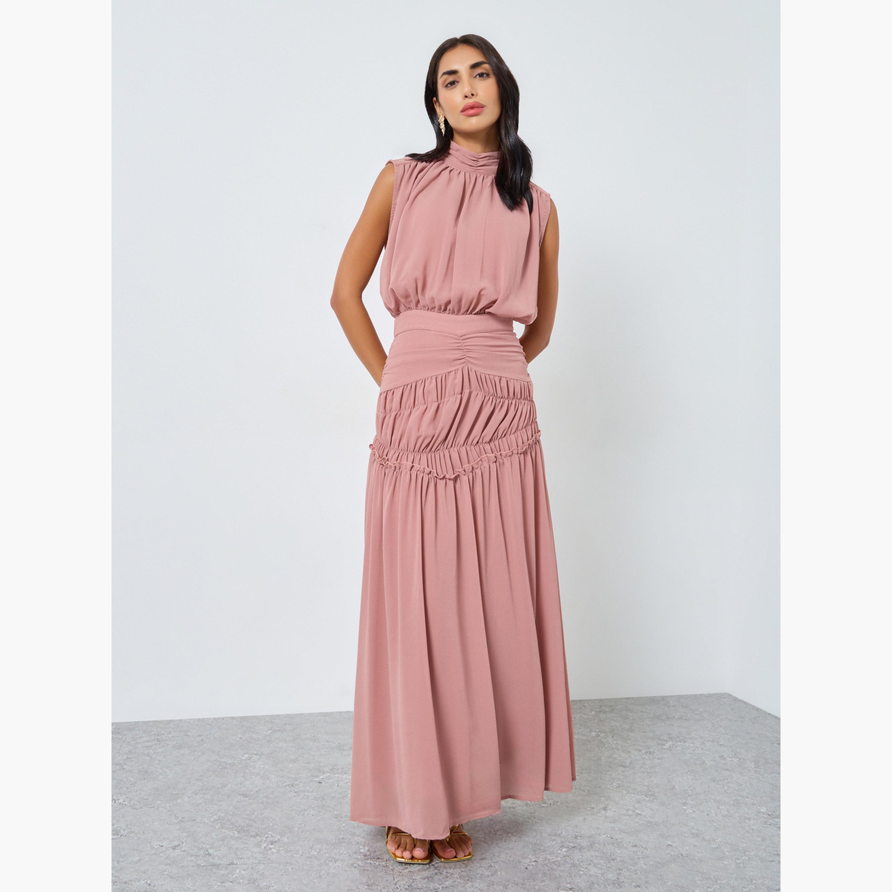 Styli Women Pink Pleating Waist Sleeveless Maxi Dress-women-clothing-dresses-image-2