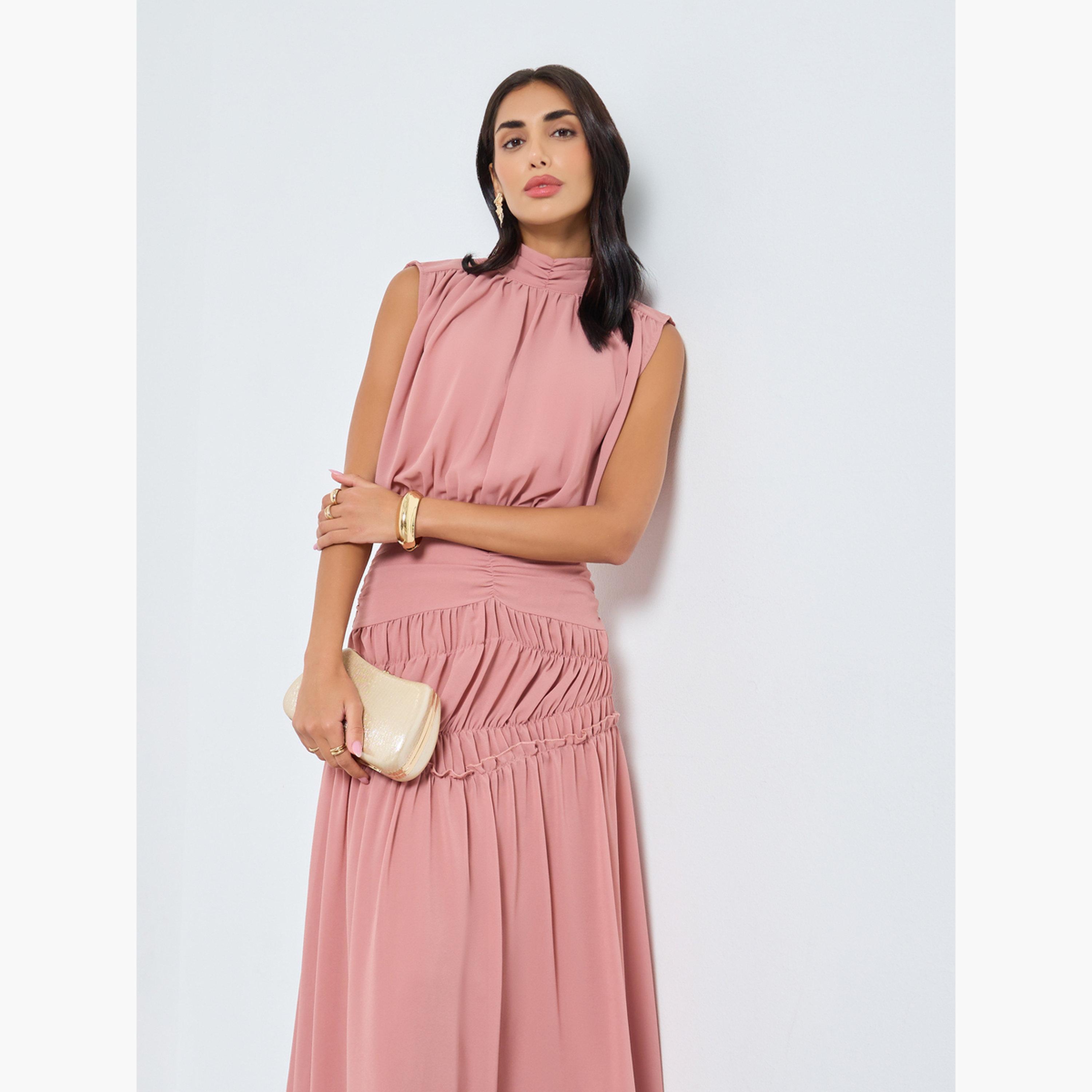 Styli Women Pink Pleating Waist Sleeveless Maxi Dress-women-clothing-dresses-image-3