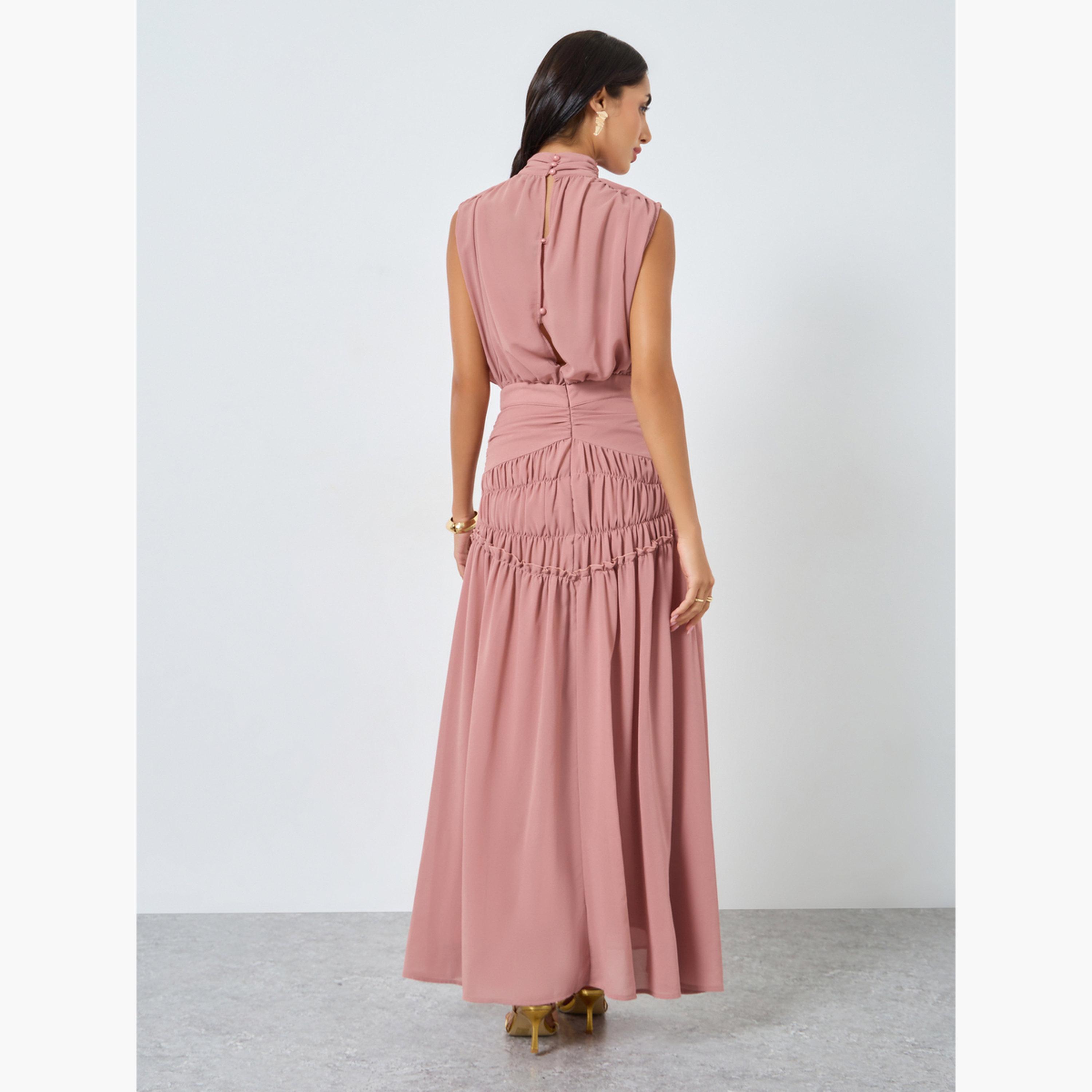 Styli Women Pink Pleating Waist Sleeveless Maxi Dress-women-clothing-dresses-image-4