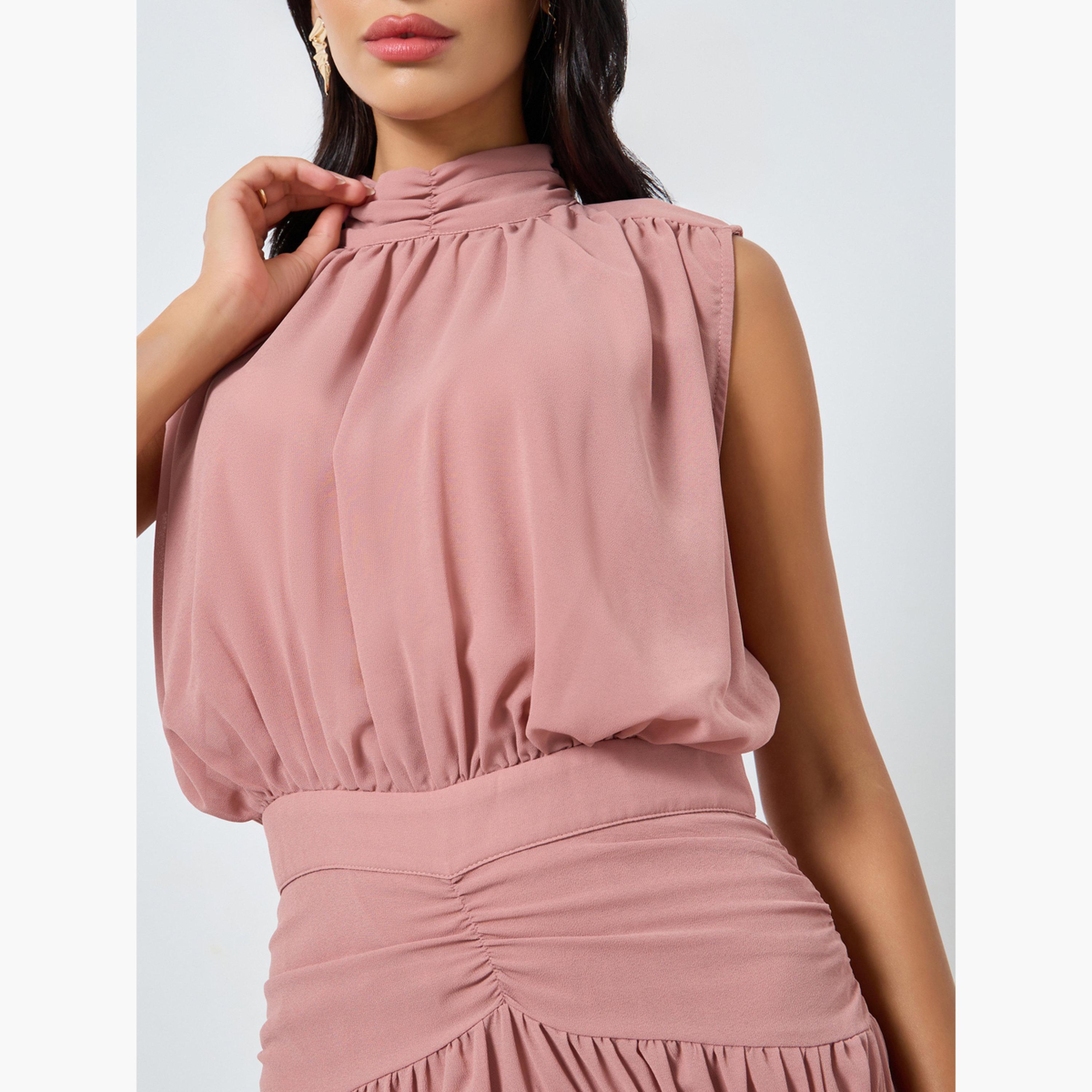 Styli Women Pink Pleating Waist Sleeveless Maxi Dress-women-clothing-dresses-image-6