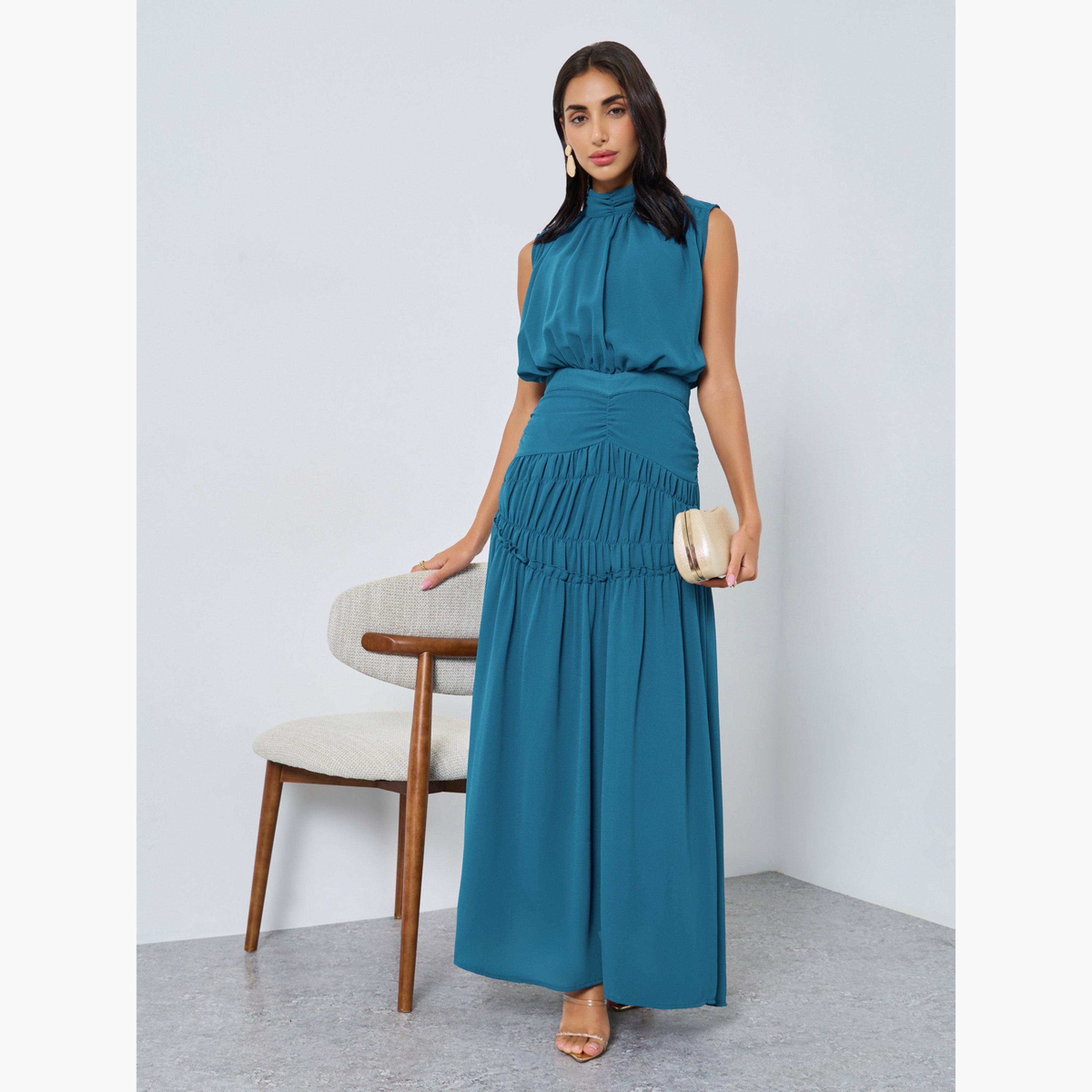 ستايلي - فستان ماكسي بدون أكمام بخصر مطوي لون أزرق مخضر للنساء-women-clothing-dresses-image-1