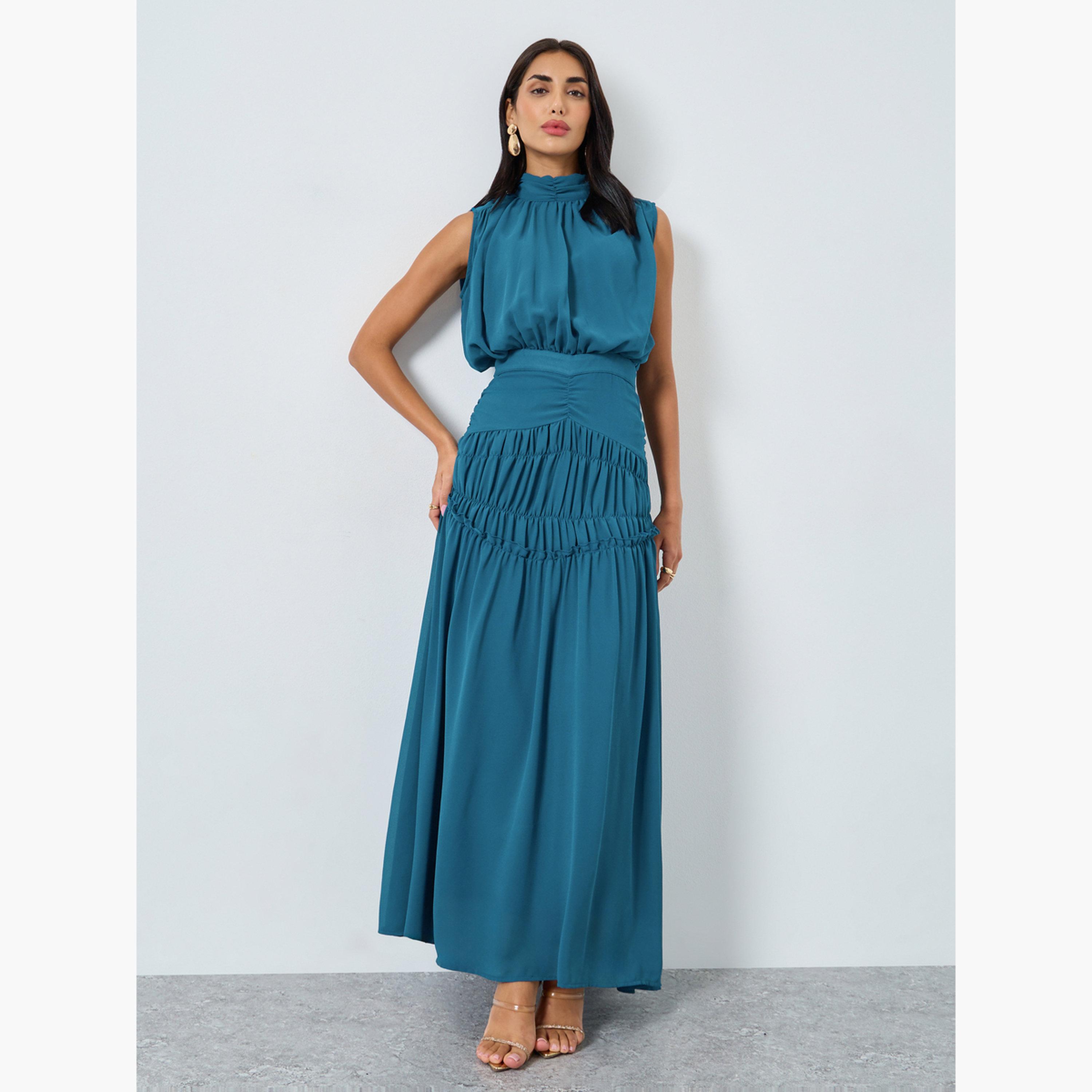 ستايلي - فستان ماكسي بدون أكمام بخصر مطوي لون أزرق مخضر للنساء-women-clothing-dresses-image-2