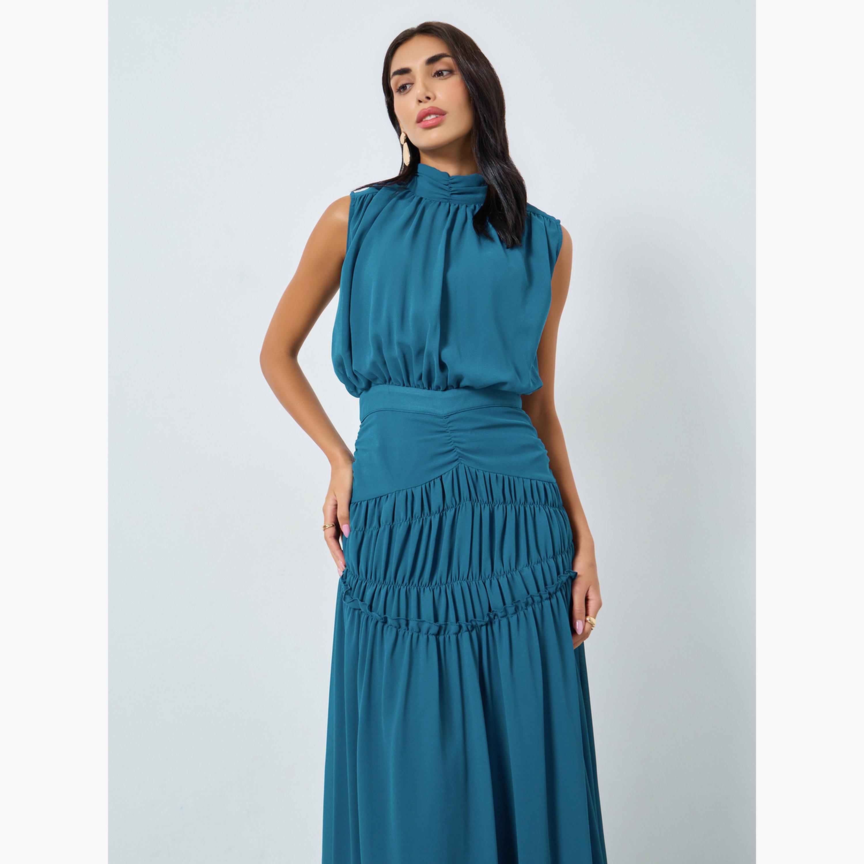 ستايلي - فستان ماكسي بدون أكمام بخصر مطوي لون أزرق مخضر للنساء-women-clothing-dresses-image-3
