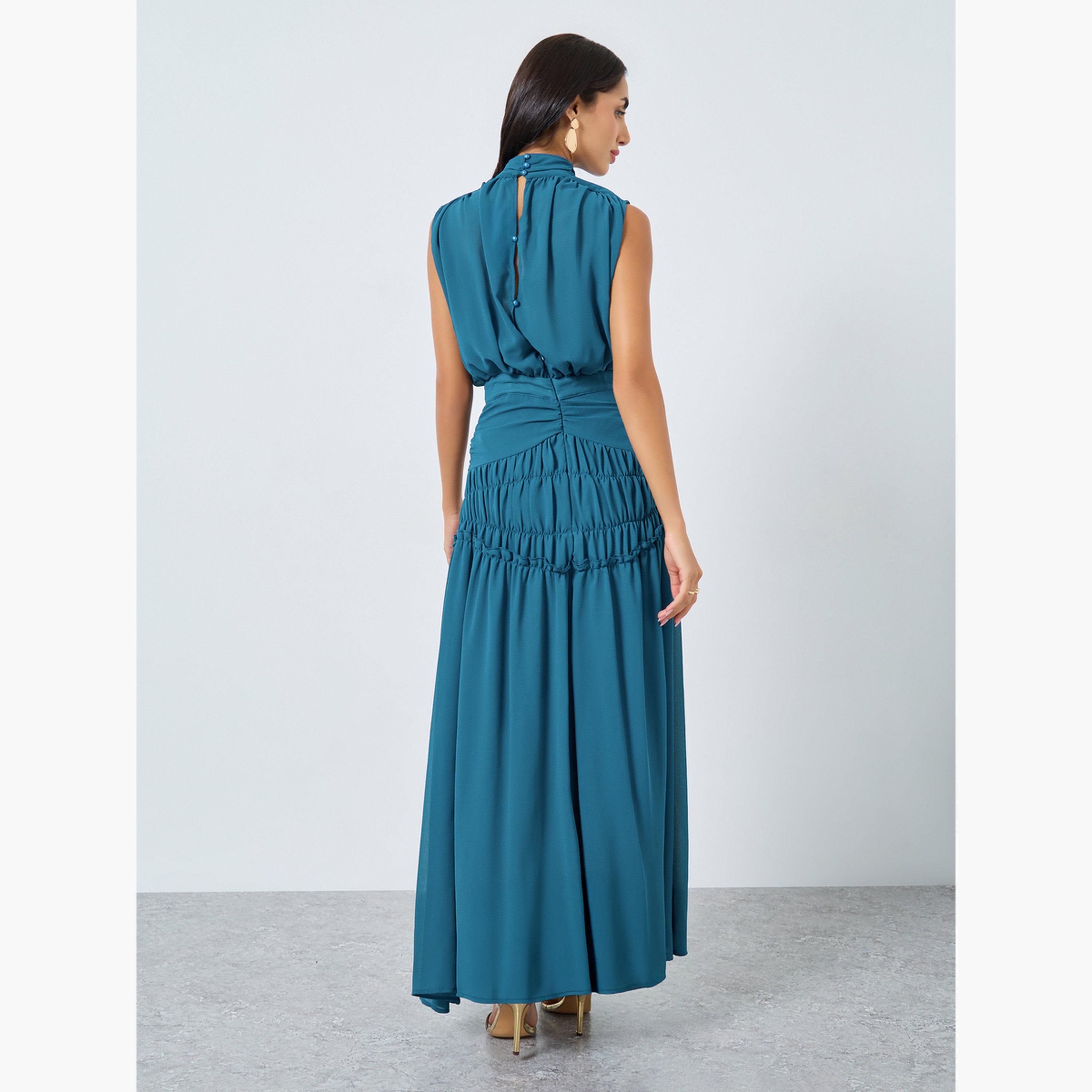 ستايلي - فستان ماكسي بدون أكمام بخصر مطوي لون أزرق مخضر للنساء-women-clothing-dresses-image-4