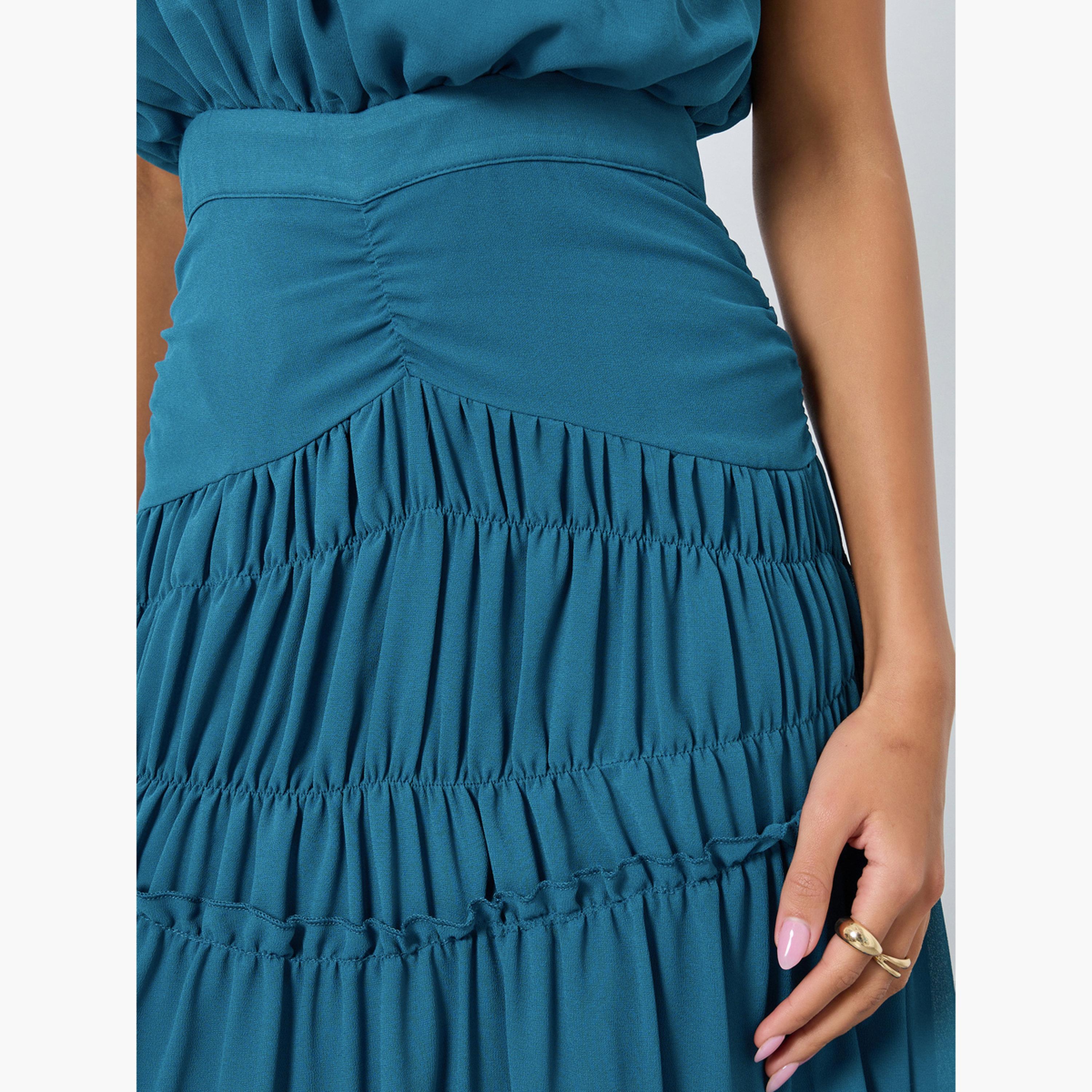 ستايلي - فستان ماكسي بدون أكمام بخصر مطوي لون أزرق مخضر للنساء-women-clothing-dresses-image-5