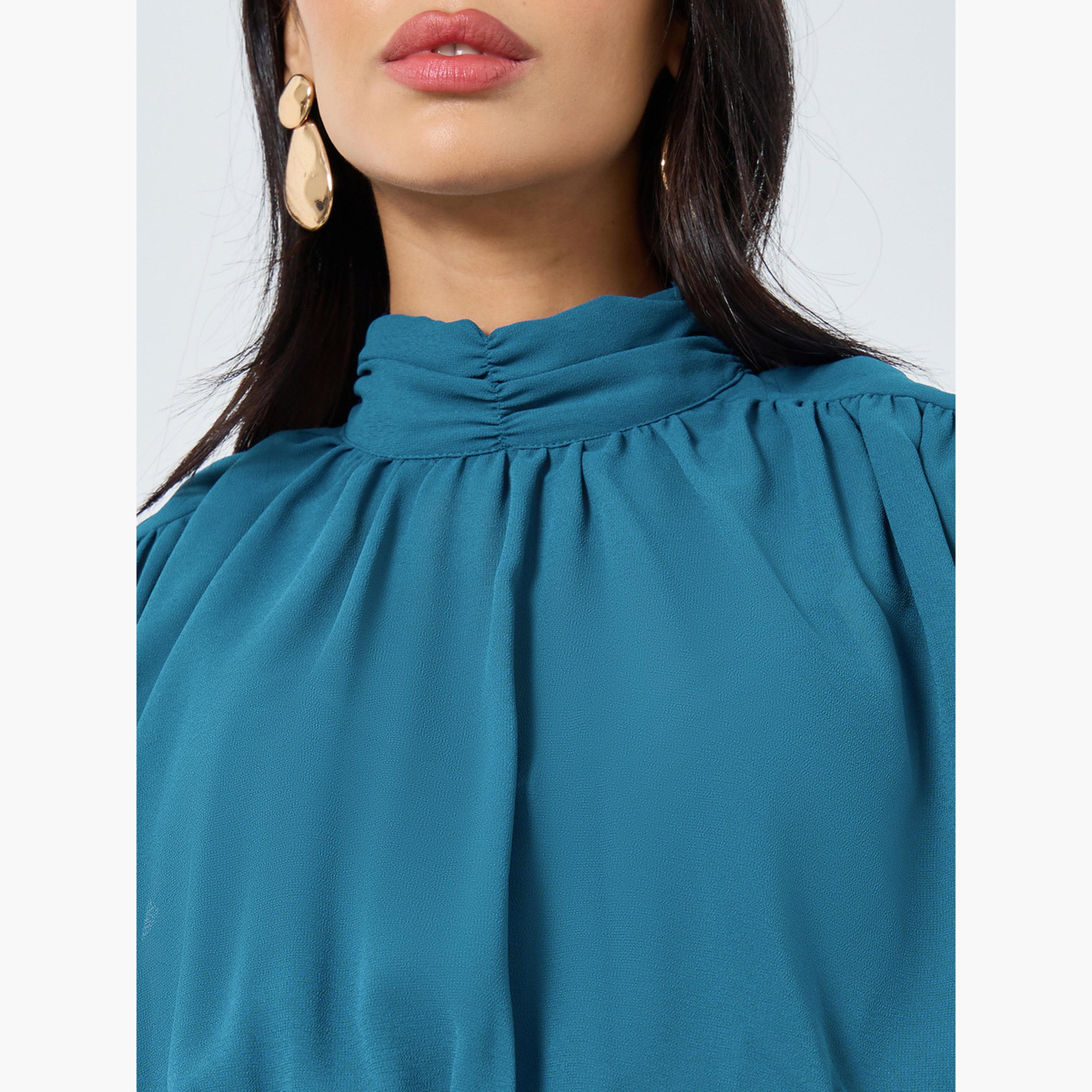 ستايلي - فستان ماكسي بدون أكمام بخصر مطوي لون أزرق مخضر للنساء-women-clothing-dresses-image-6