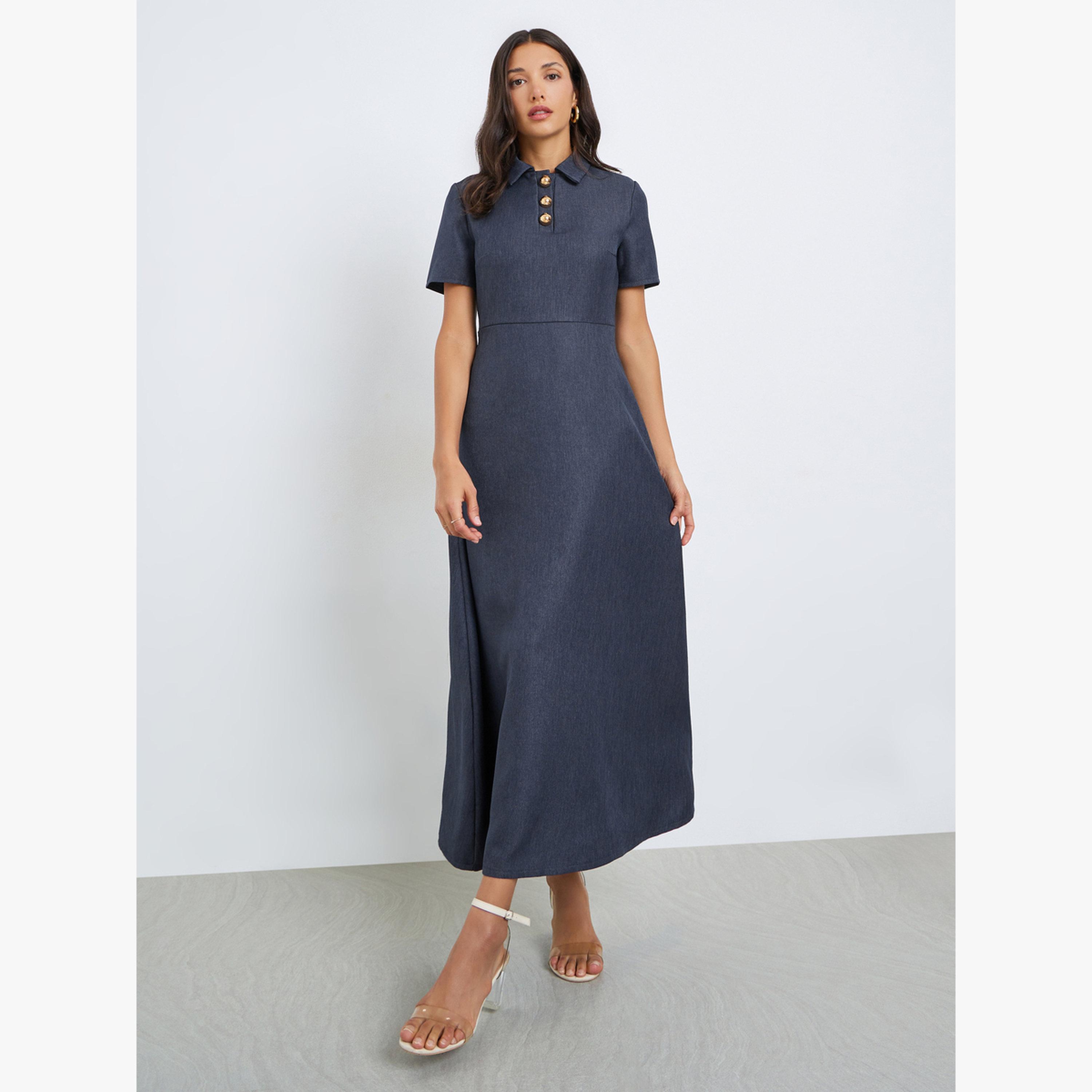 Styli Navy A-Line Maxi Dress with Short Sleeves-women-clothing-dresses-image-1