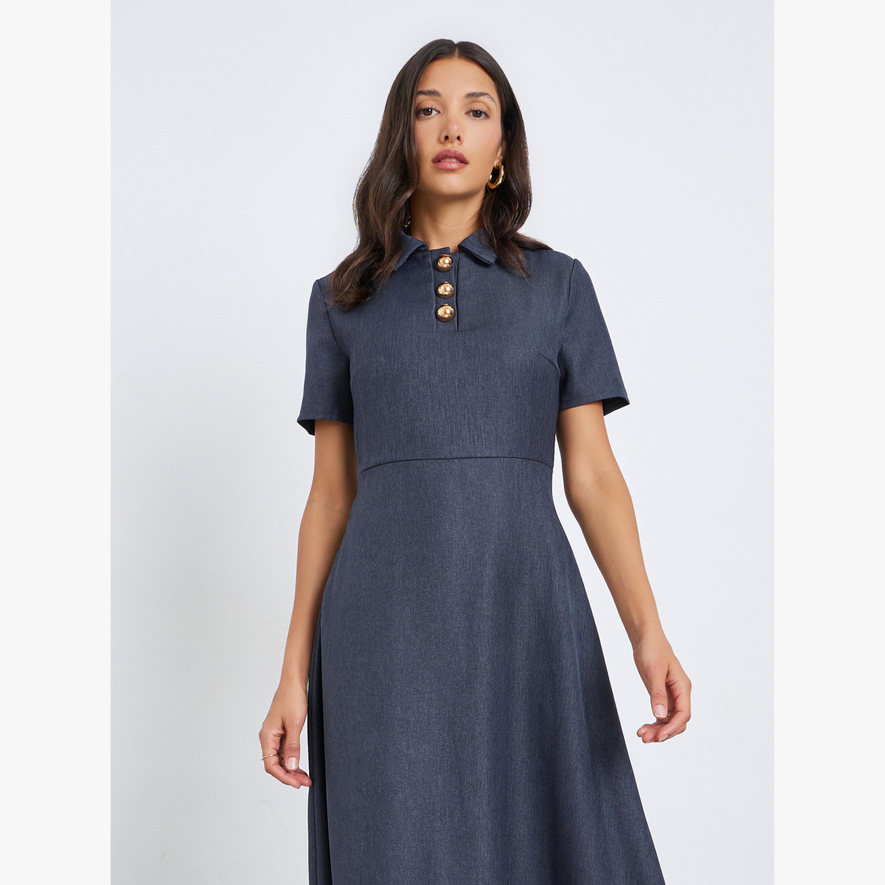 Styli Navy A-Line Maxi Dress with Short Sleeves-women-clothing-dresses-image-2