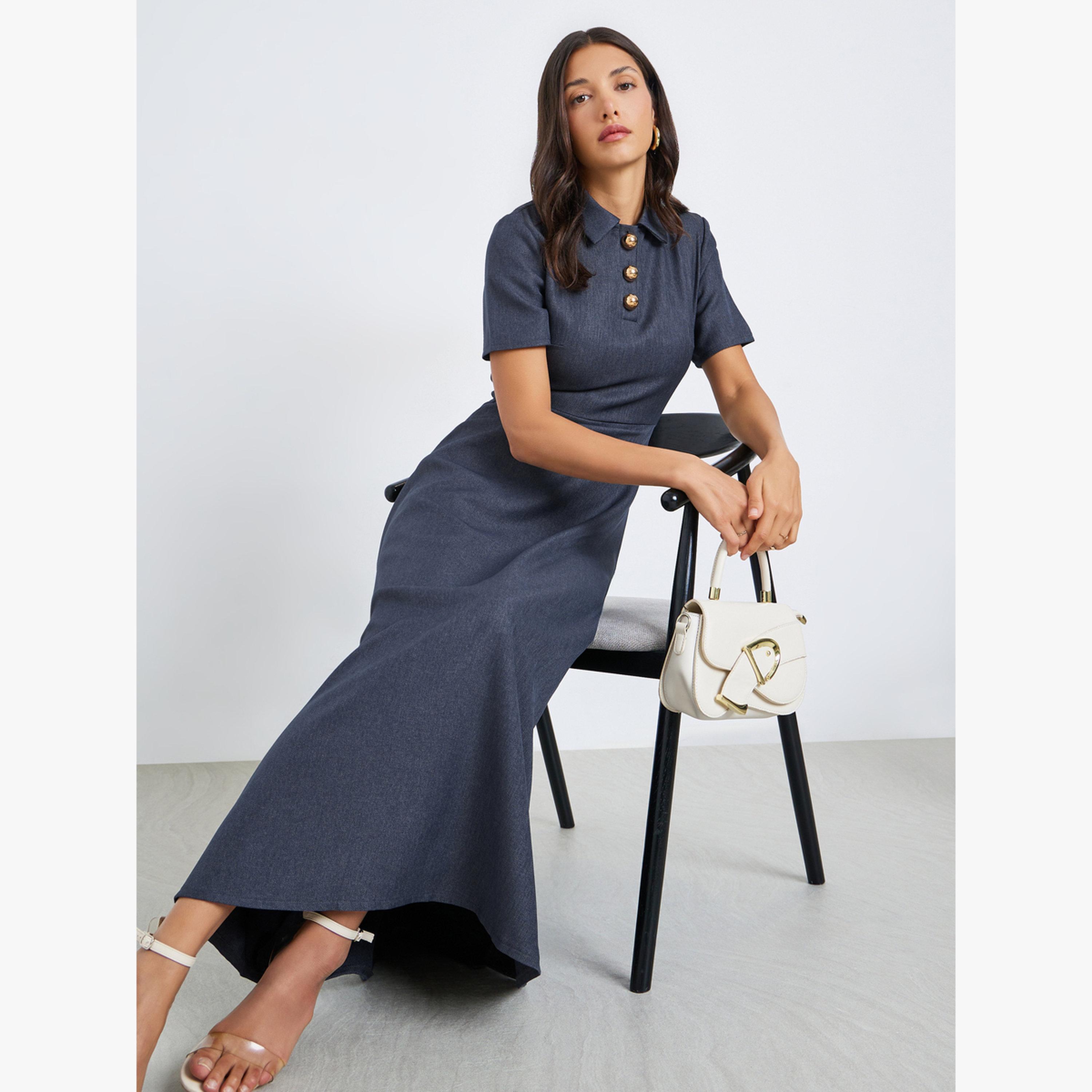 فستان طويل بحافة واسعة وأكمام قصيرة-women-clothing-dresses-image-5