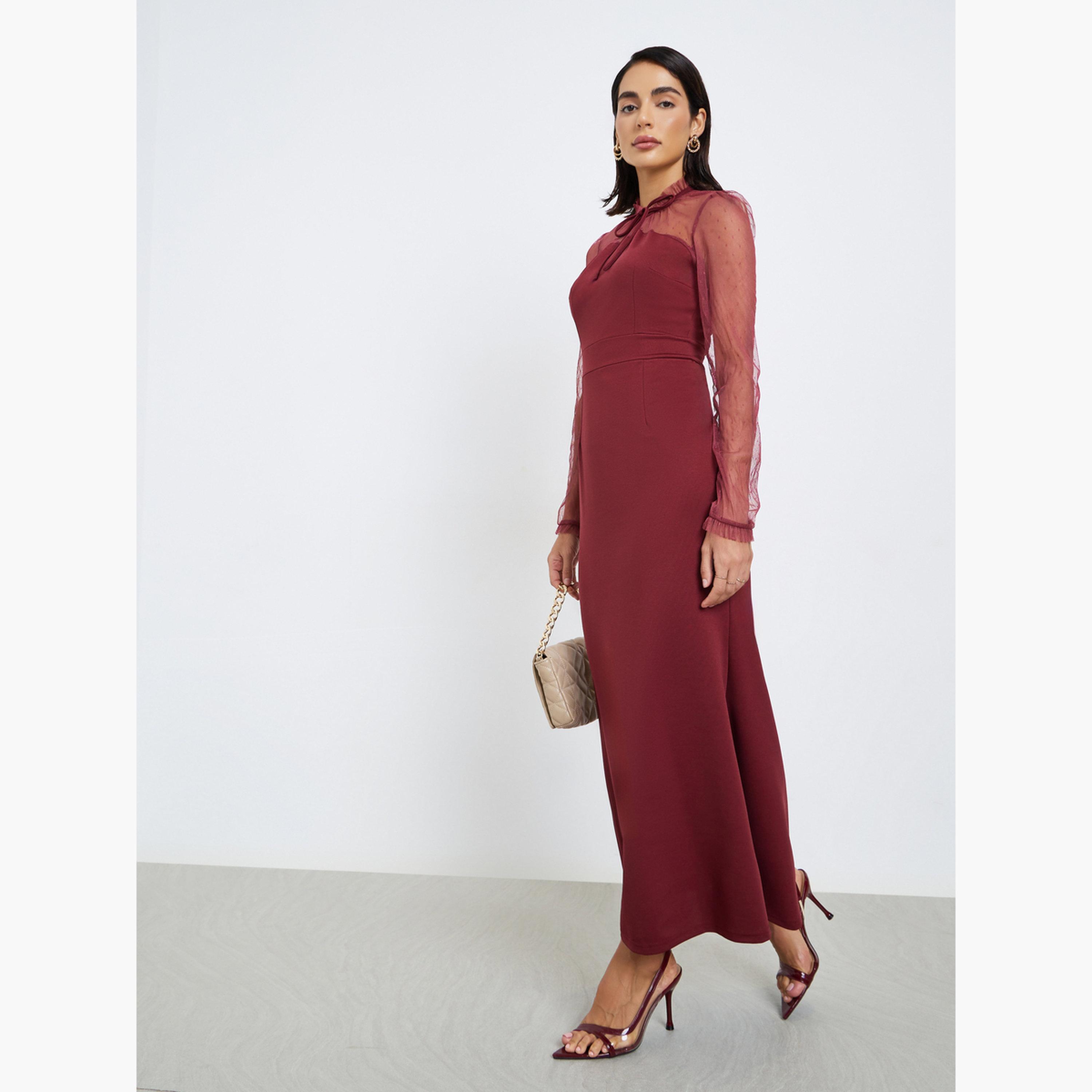 Styli Women Burgundy Mesh Long Sleeve Maxi Dress-women-clothing-dresses-image-1