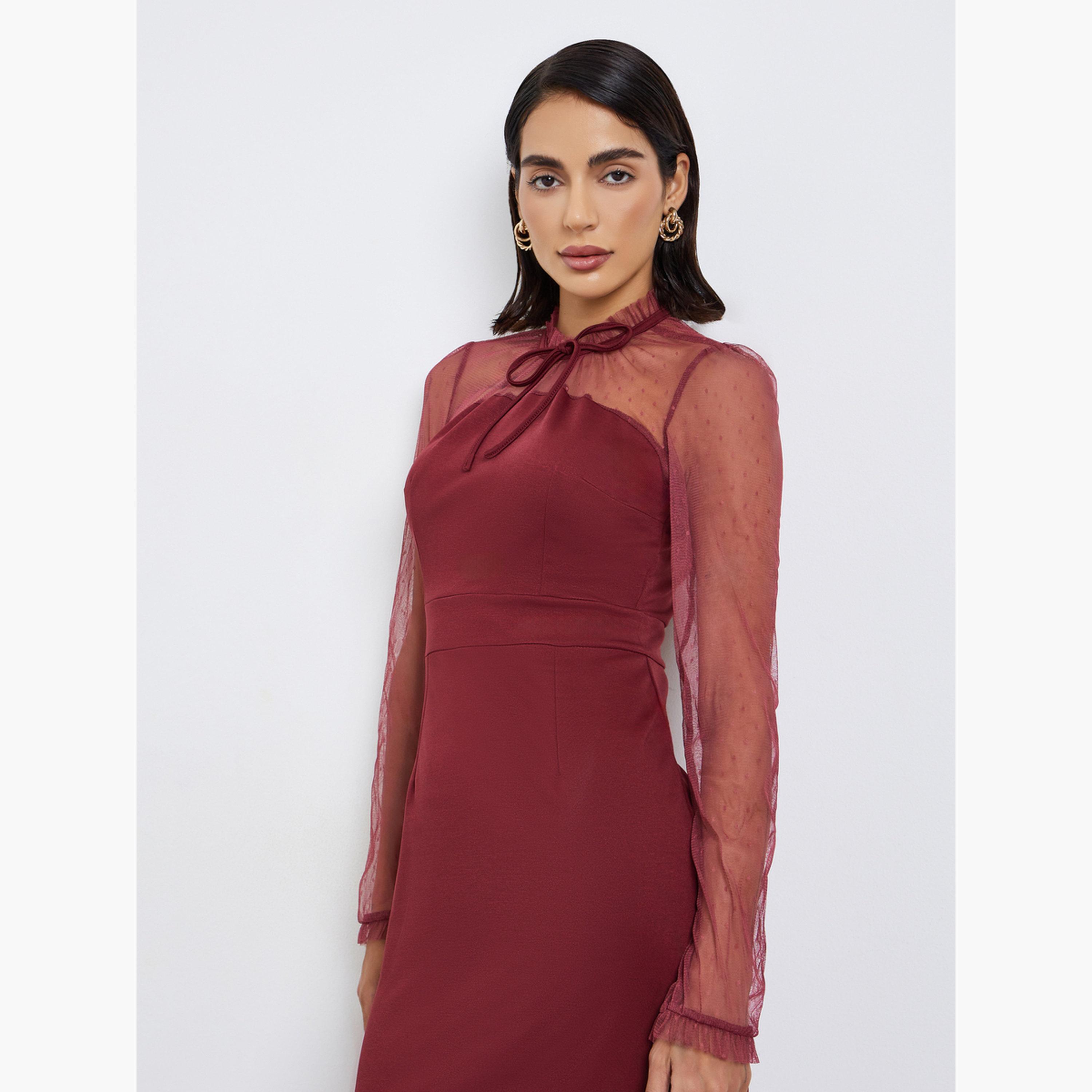 Styli Women Burgundy Mesh Long Sleeve Maxi Dress-women-clothing-dresses-image-2