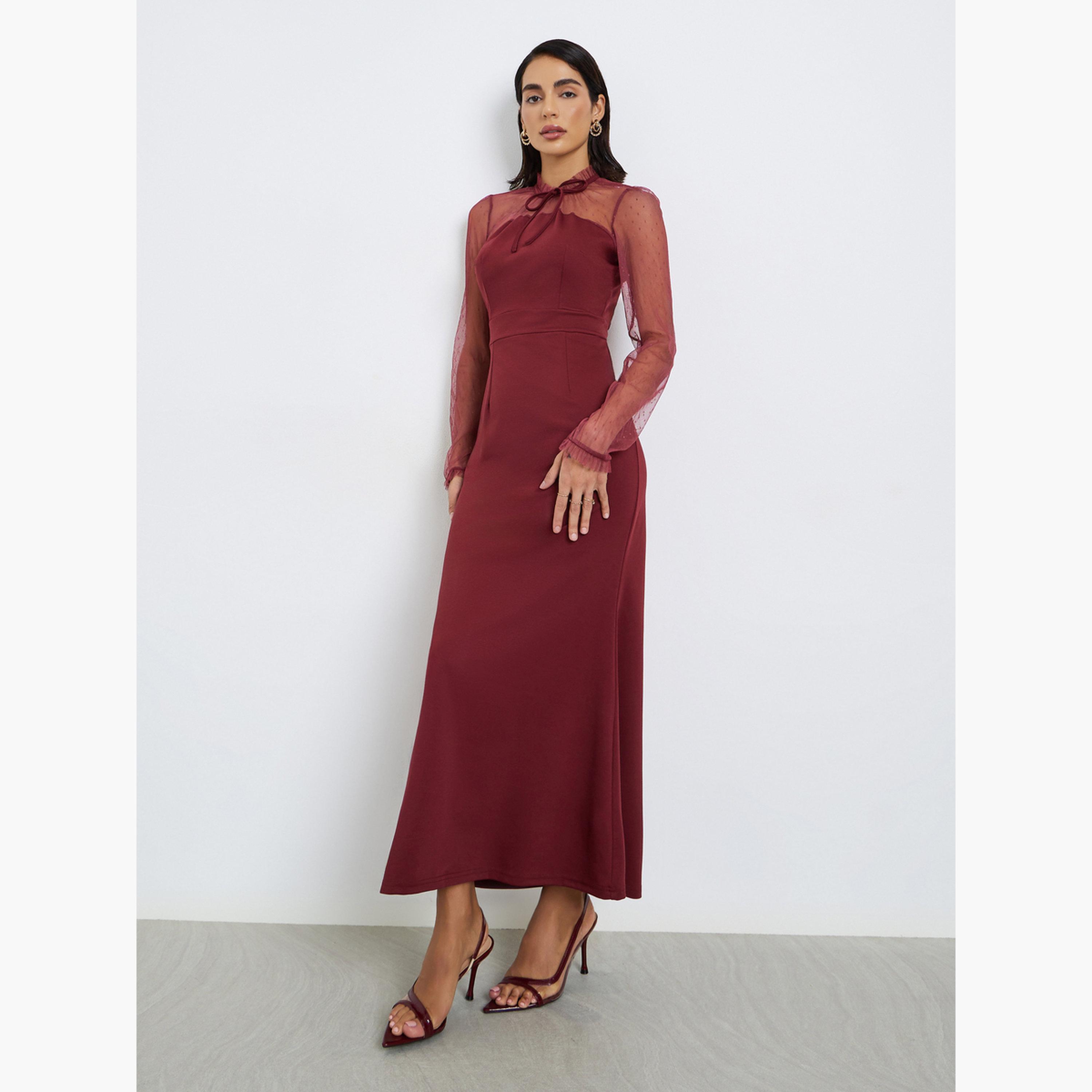 Styli Women Burgundy Mesh Long Sleeve Maxi Dress-women-clothing-dresses-image-3