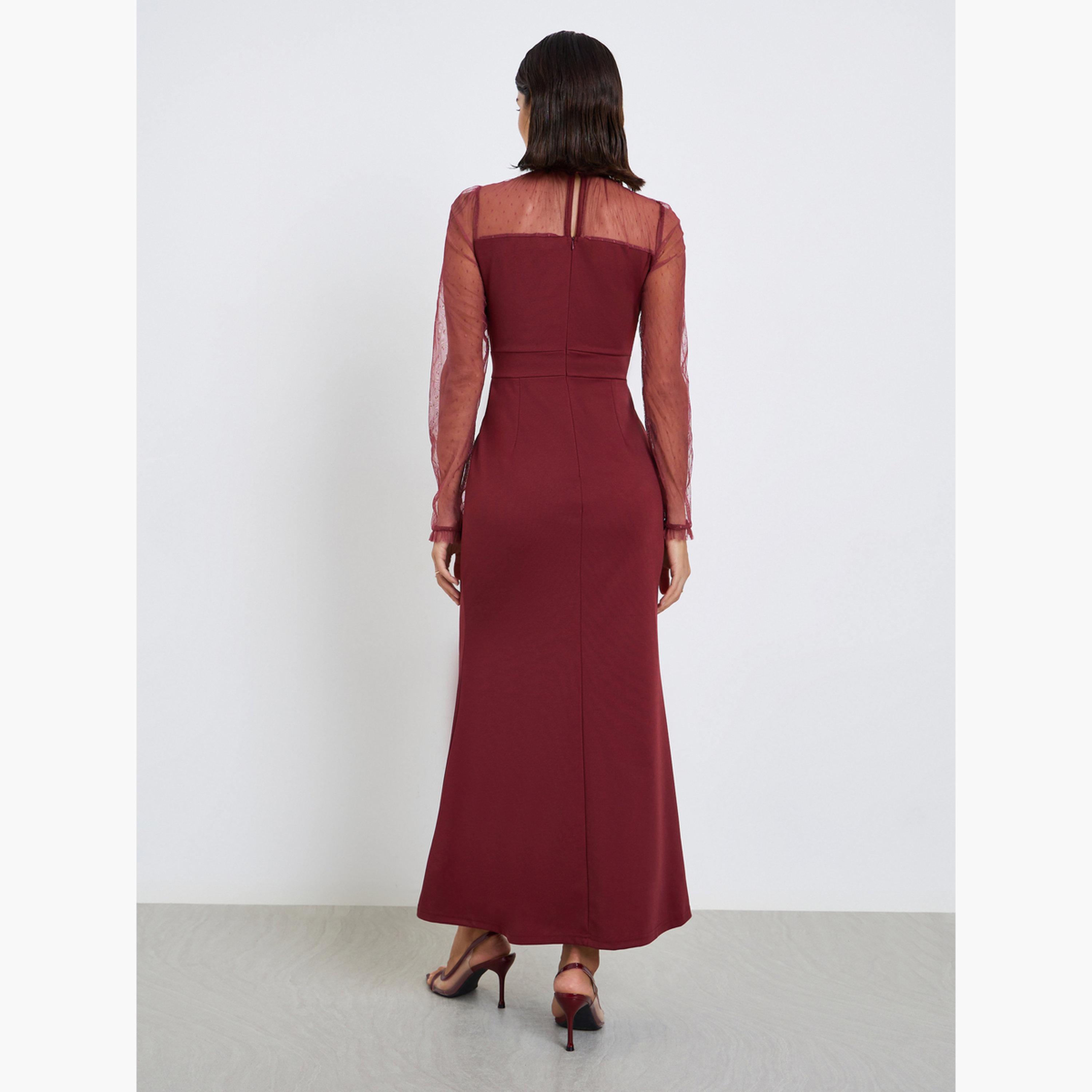 Styli Women Burgundy Mesh Long Sleeve Maxi Dress-women-clothing-dresses-image-4