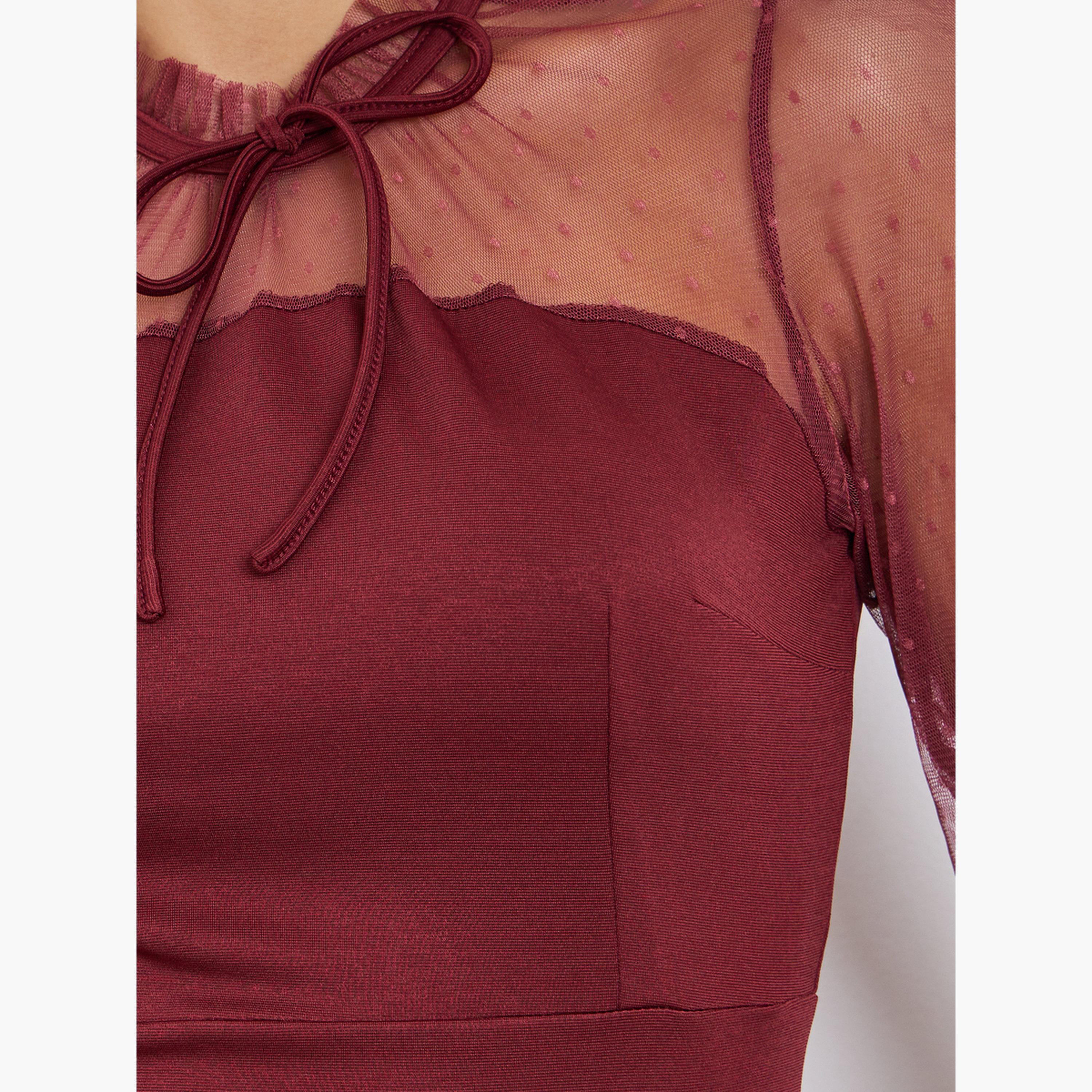 Styli Women Burgundy Mesh Long Sleeve Maxi Dress-women-clothing-dresses-image-5