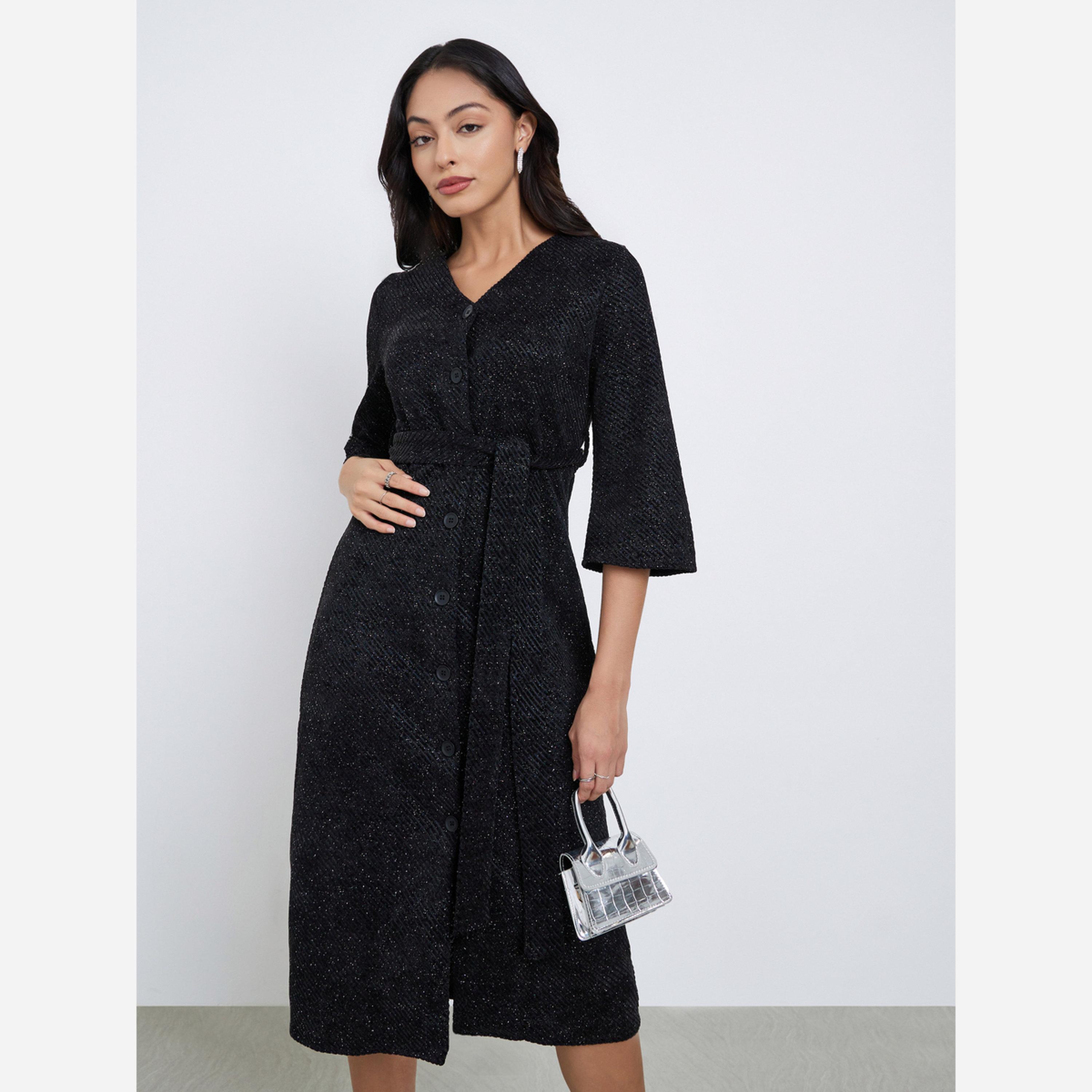 Styli Black Textured Midi Dress with 3/4 Sleeves-women-clothing-dresses-image-1