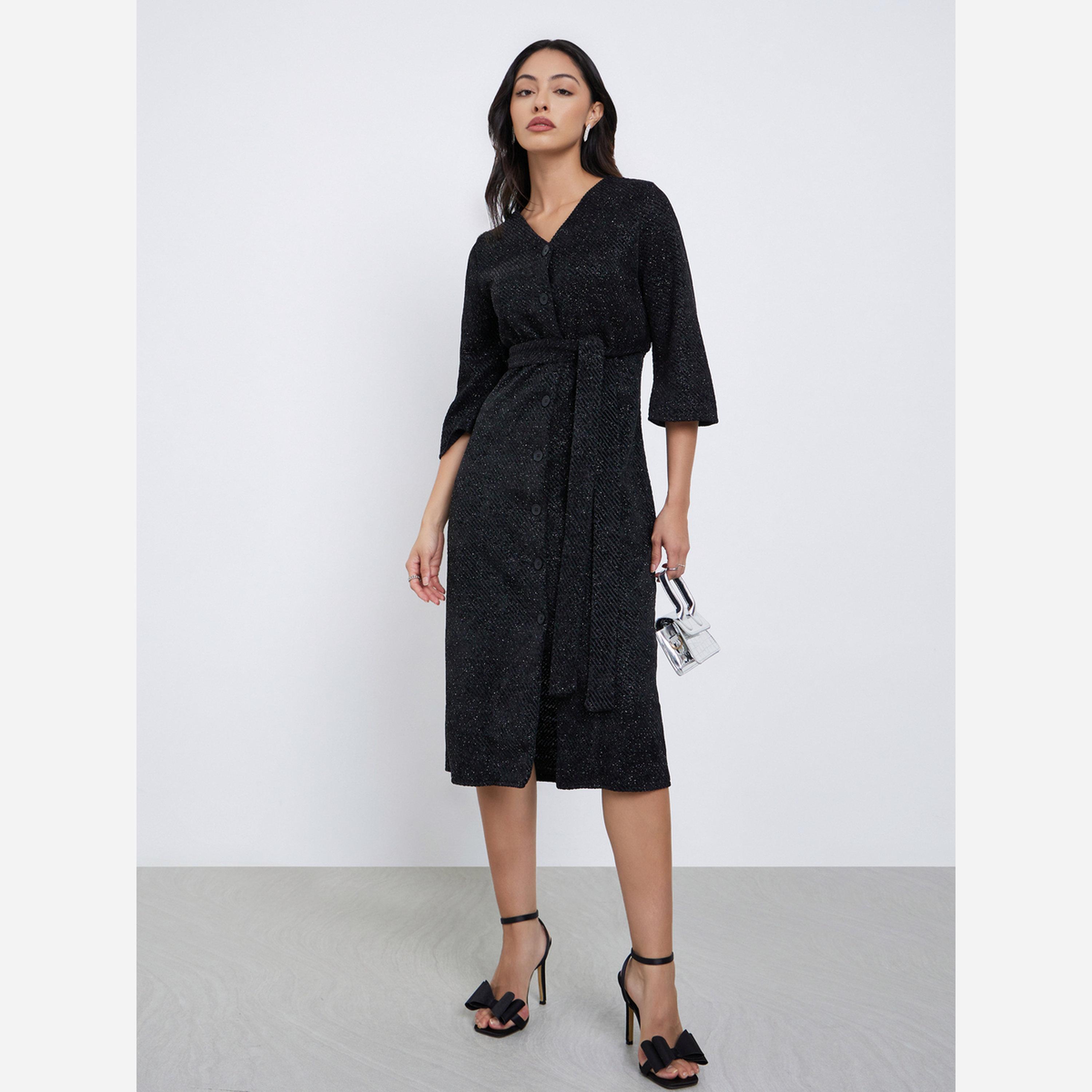 Styli Black Textured Midi Dress with 3/4 Sleeves-women-clothing-dresses-image-2