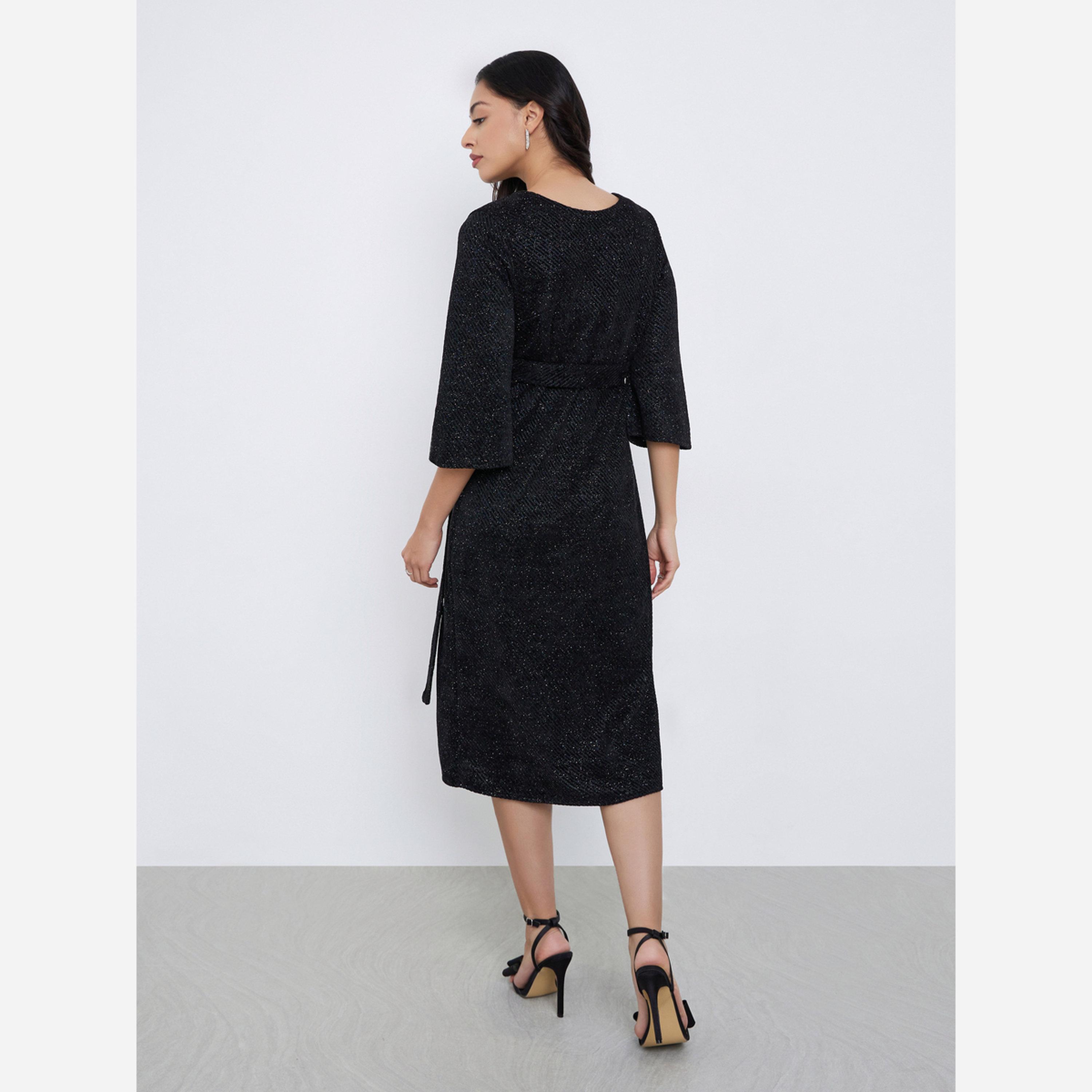 Styli Black Textured Midi Dress with 3/4 Sleeves-women-clothing-dresses-image-3