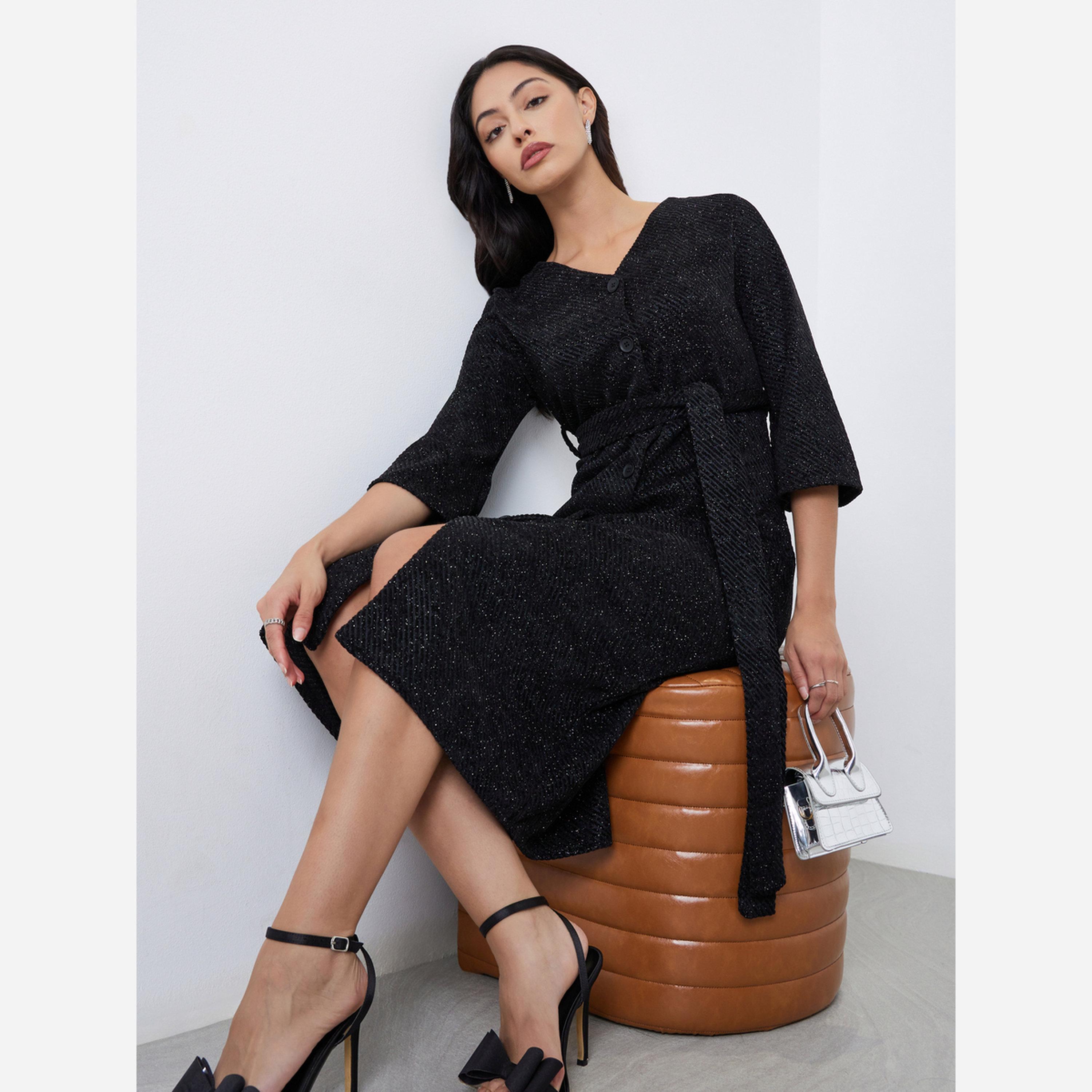 Styli Black Textured Midi Dress with 3/4 Sleeves-women-clothing-dresses-image-4