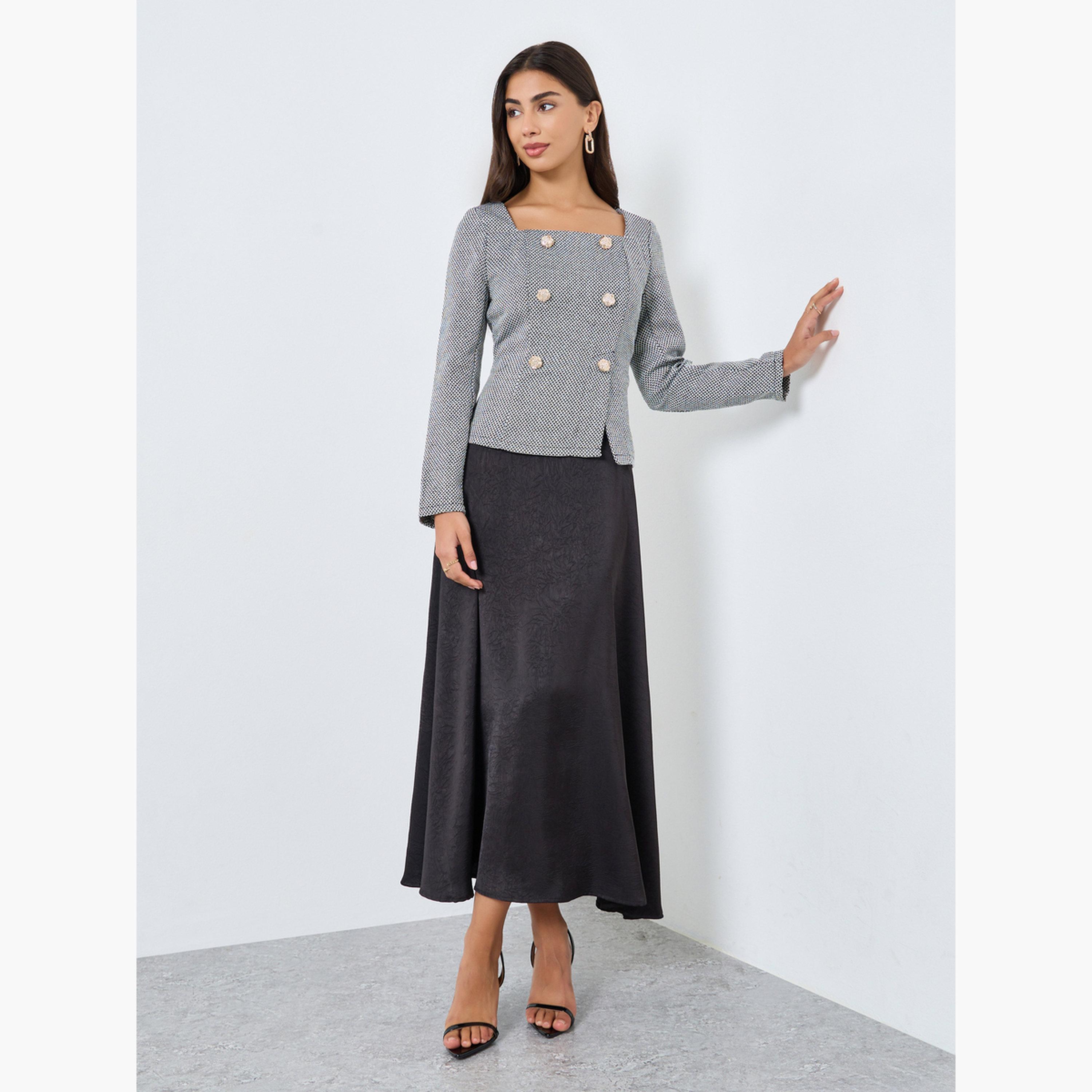 ستايلي - فستان ماكسي أسود من التويد بفتحة رقبة مربعة وتصميم A للنساء-women-clothing-dresses-image-1
