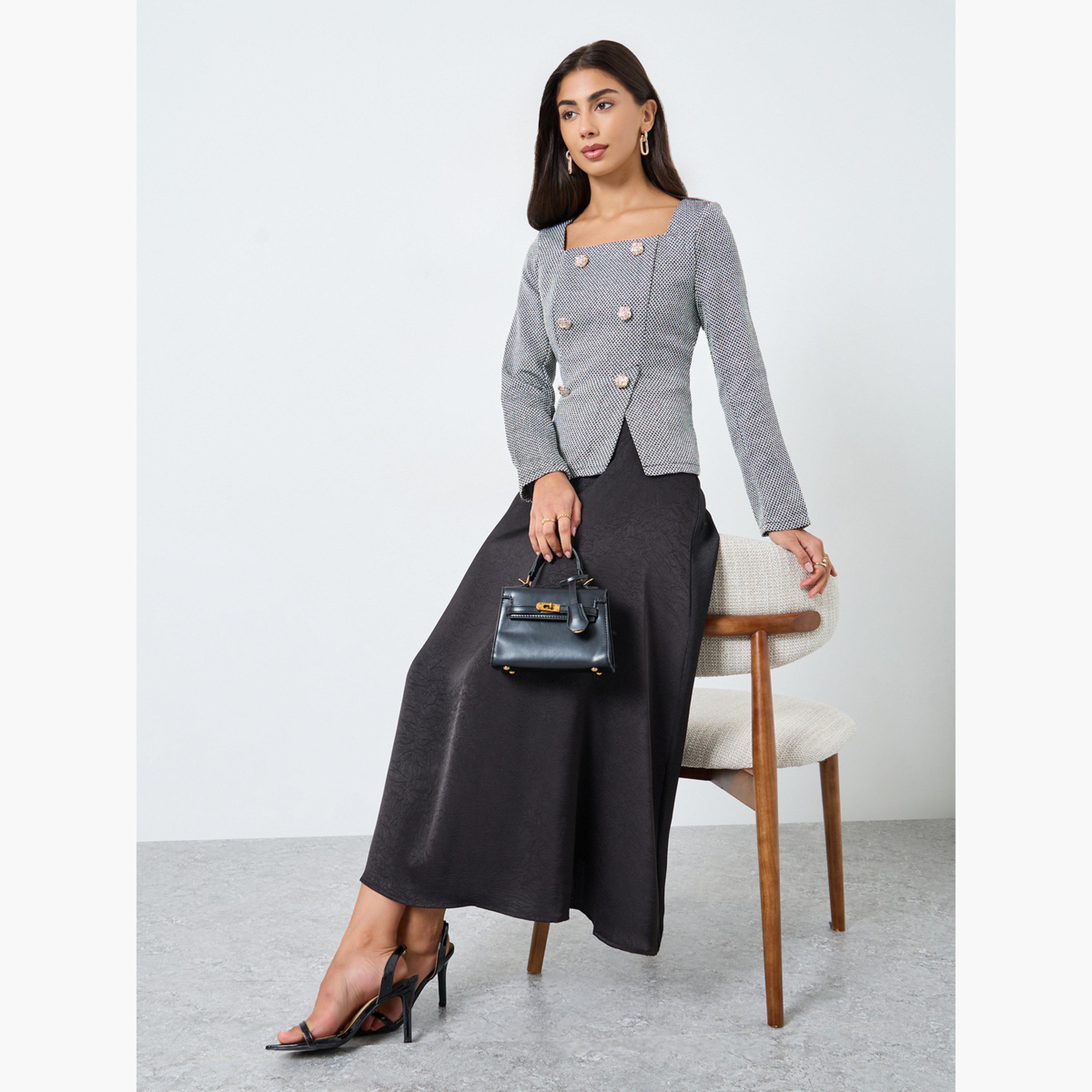 ستايلي - فستان ماكسي أسود من التويد بفتحة رقبة مربعة وتصميم A للنساء-women-clothing-dresses-image-2