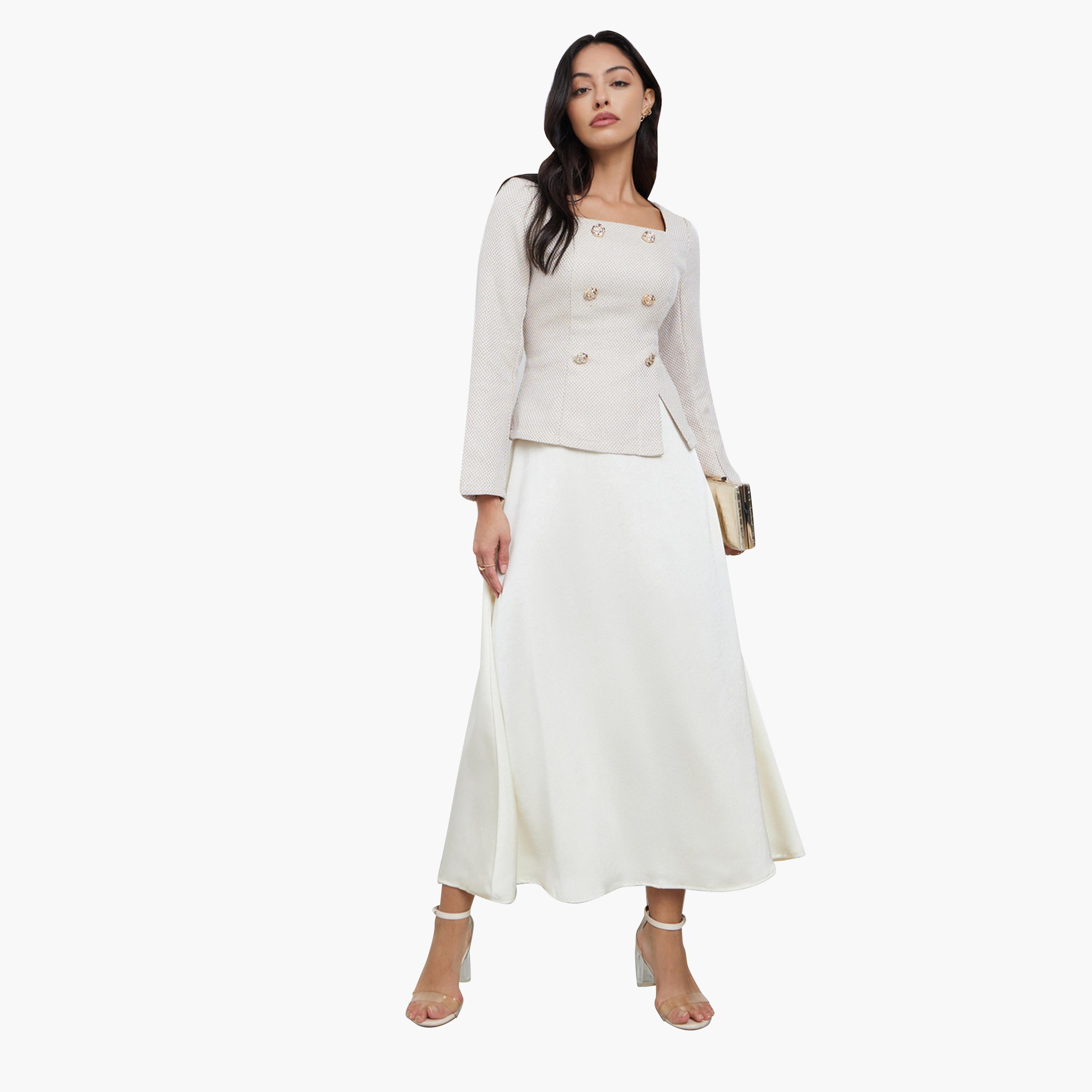 ستايلي - فستان ماكسي كريمي من التويد بفتحة رقبة مربعة وتصميم A للنساء-women-clothing-dresses-image-1
