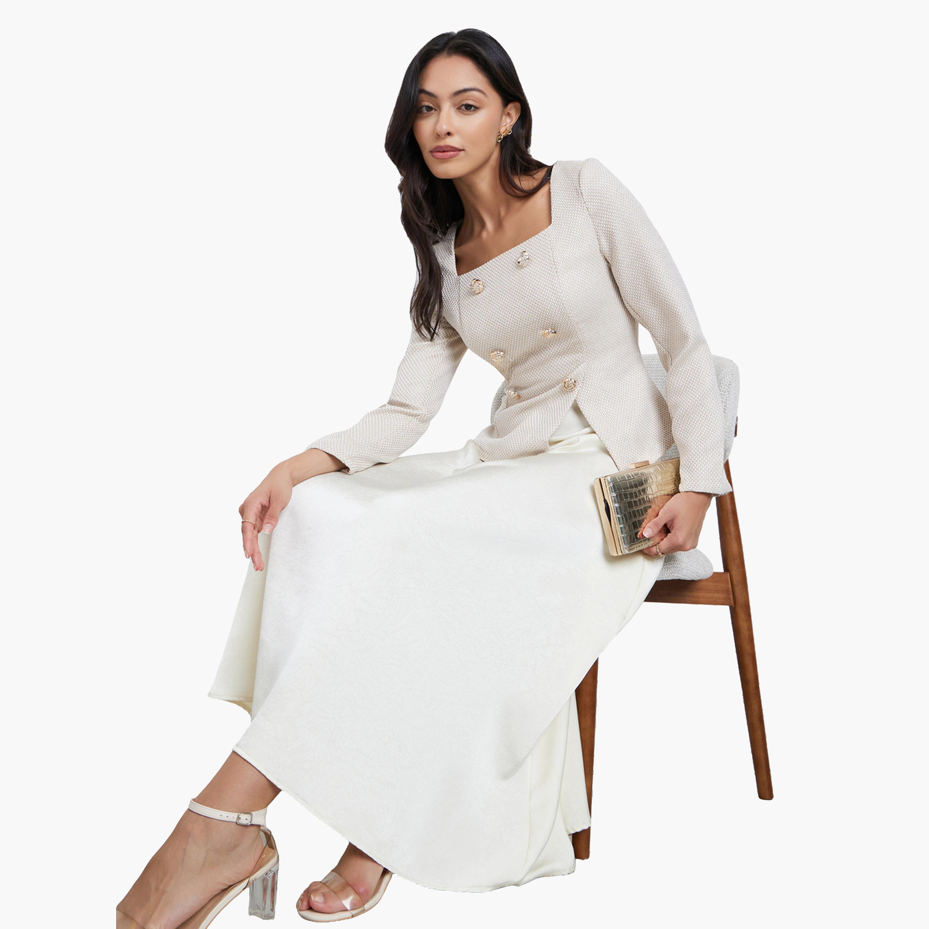 ستايلي - فستان ماكسي كريمي من التويد بفتحة رقبة مربعة وتصميم A للنساء-women-clothing-dresses-image-2