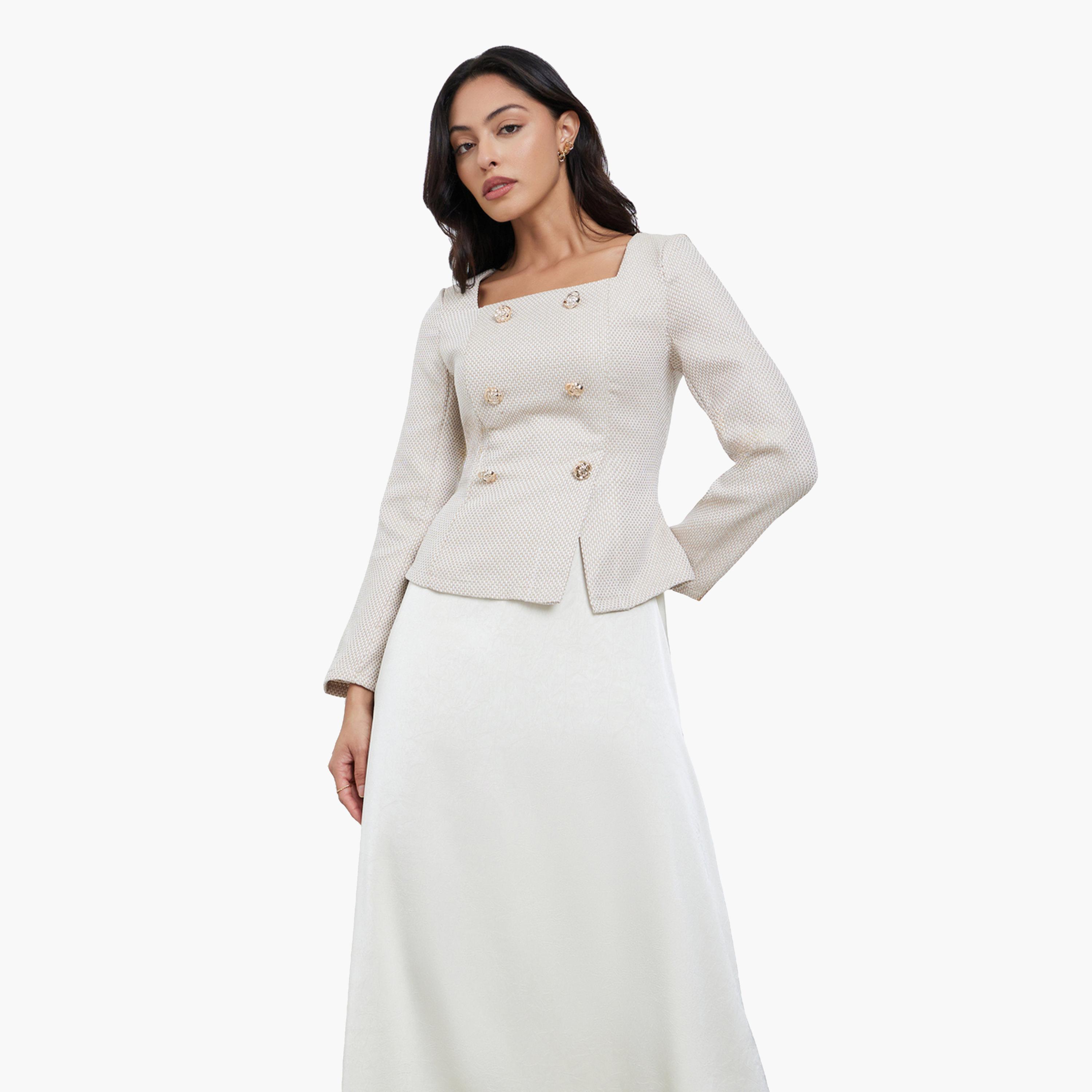 ستايلي - فستان ماكسي كريمي من التويد بفتحة رقبة مربعة وتصميم A للنساء-women-clothing-dresses-image-3