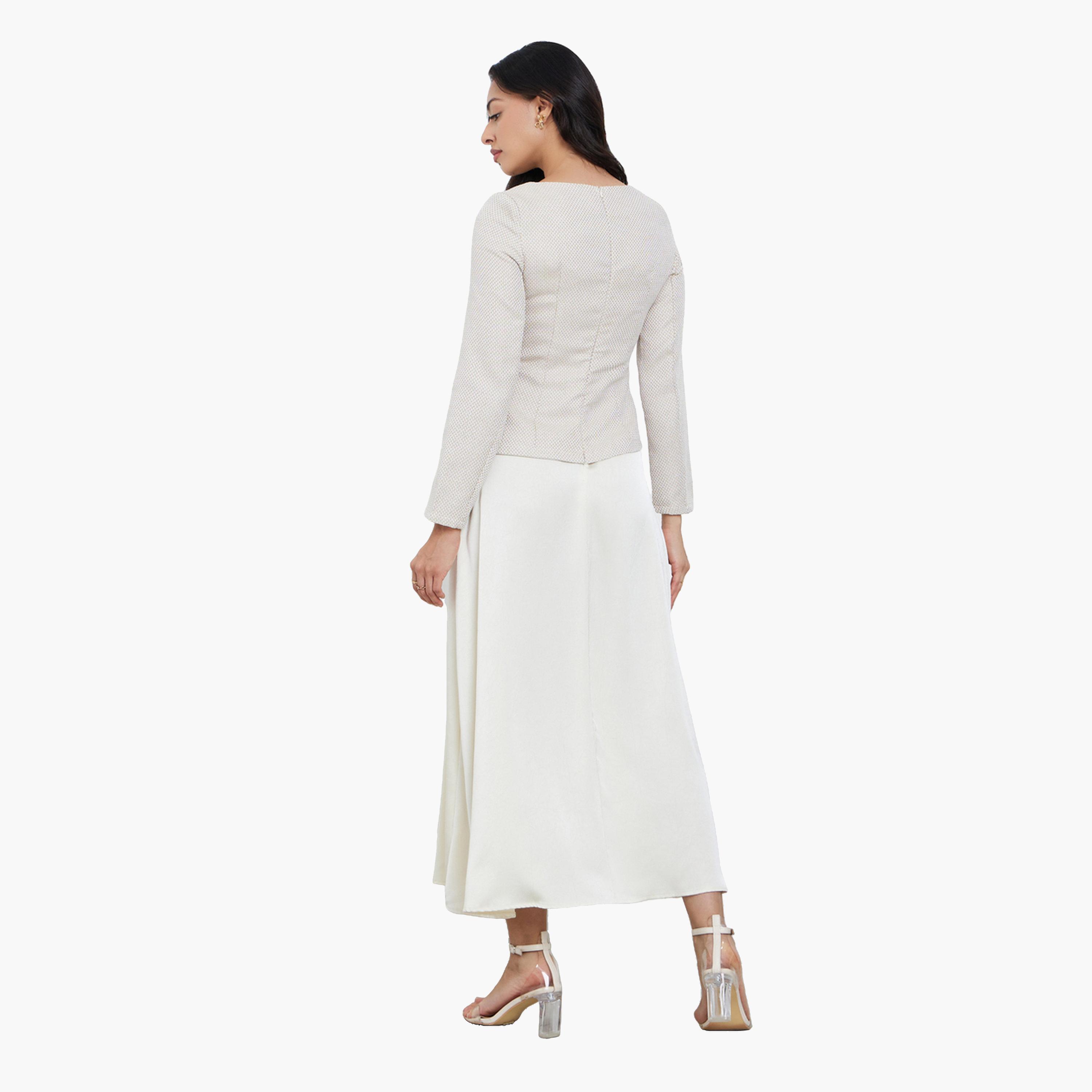 ستايلي - فستان ماكسي كريمي من التويد بفتحة رقبة مربعة وتصميم A للنساء-women-clothing-dresses-image-4