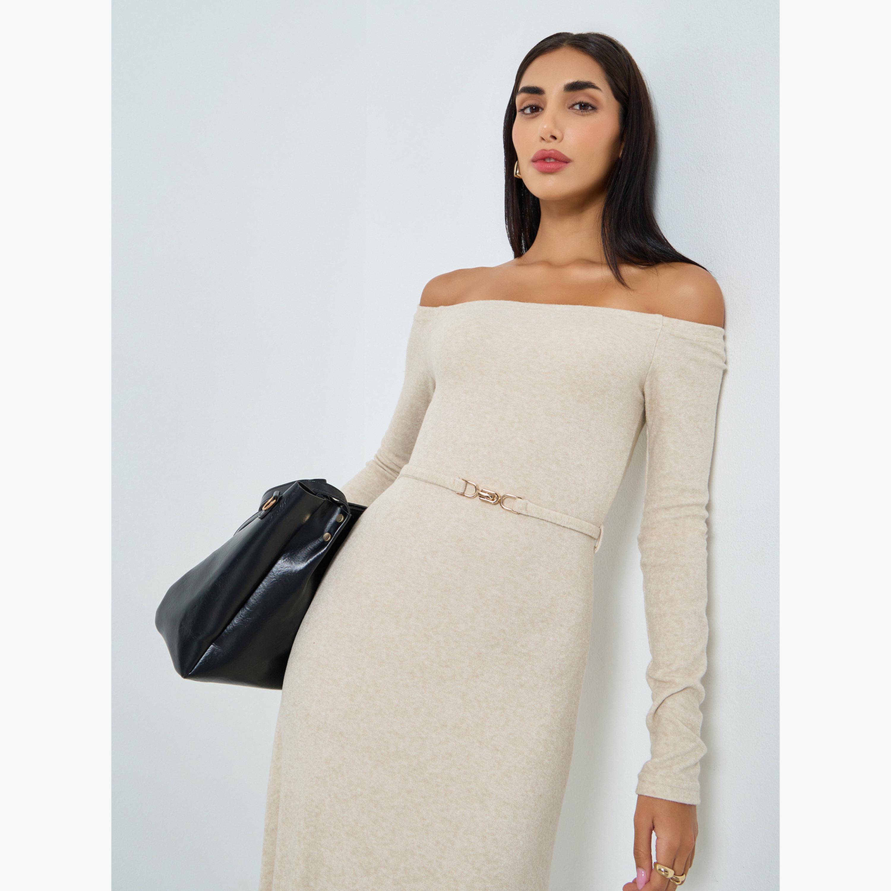 Styli Women Beige Long Sleeve Maxi Sweater Dress-women-clothing-dresses-image-2