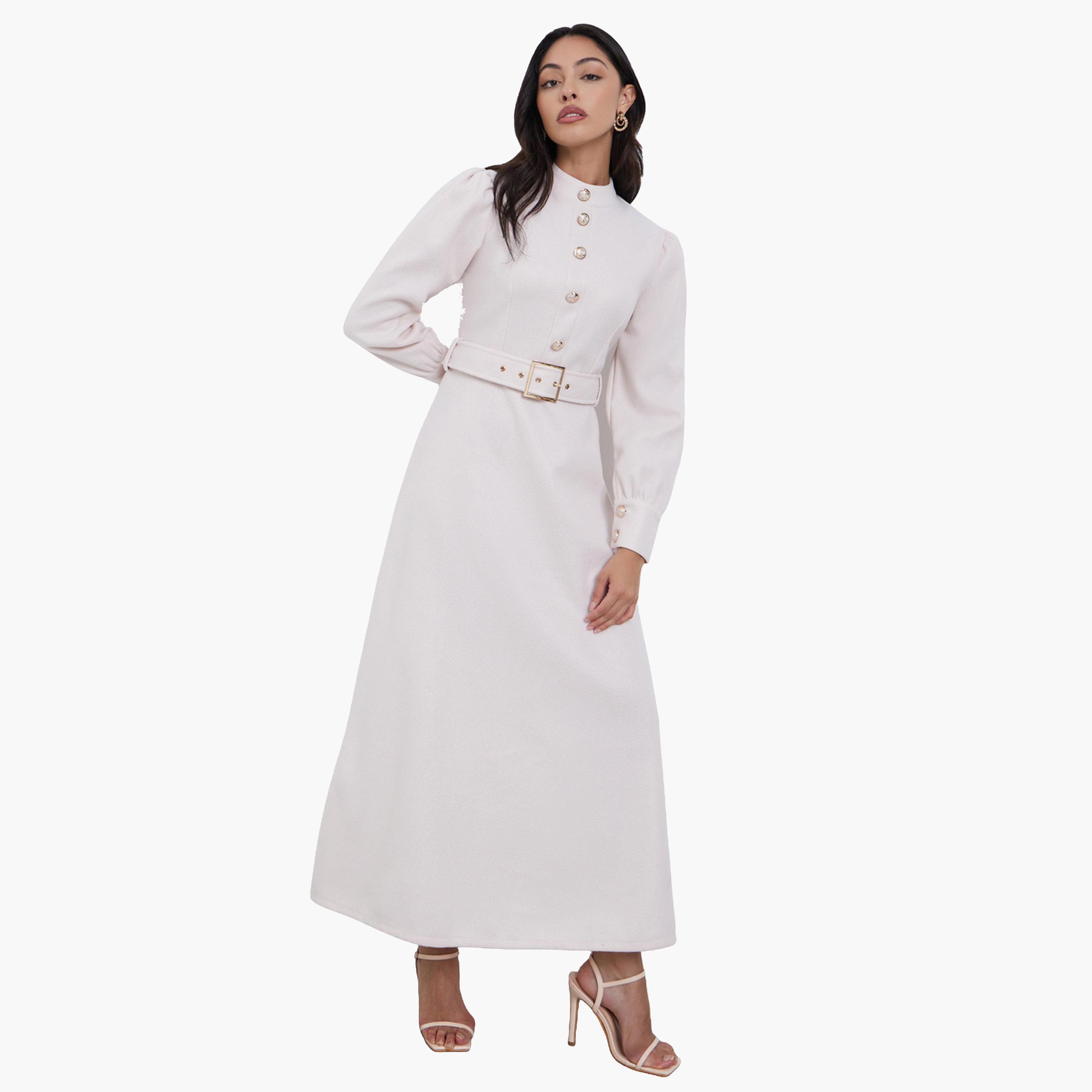 Styli Women Beige Long Sleeve Belted A-Line Maxi Dress-women-clothing-dresses-image-2