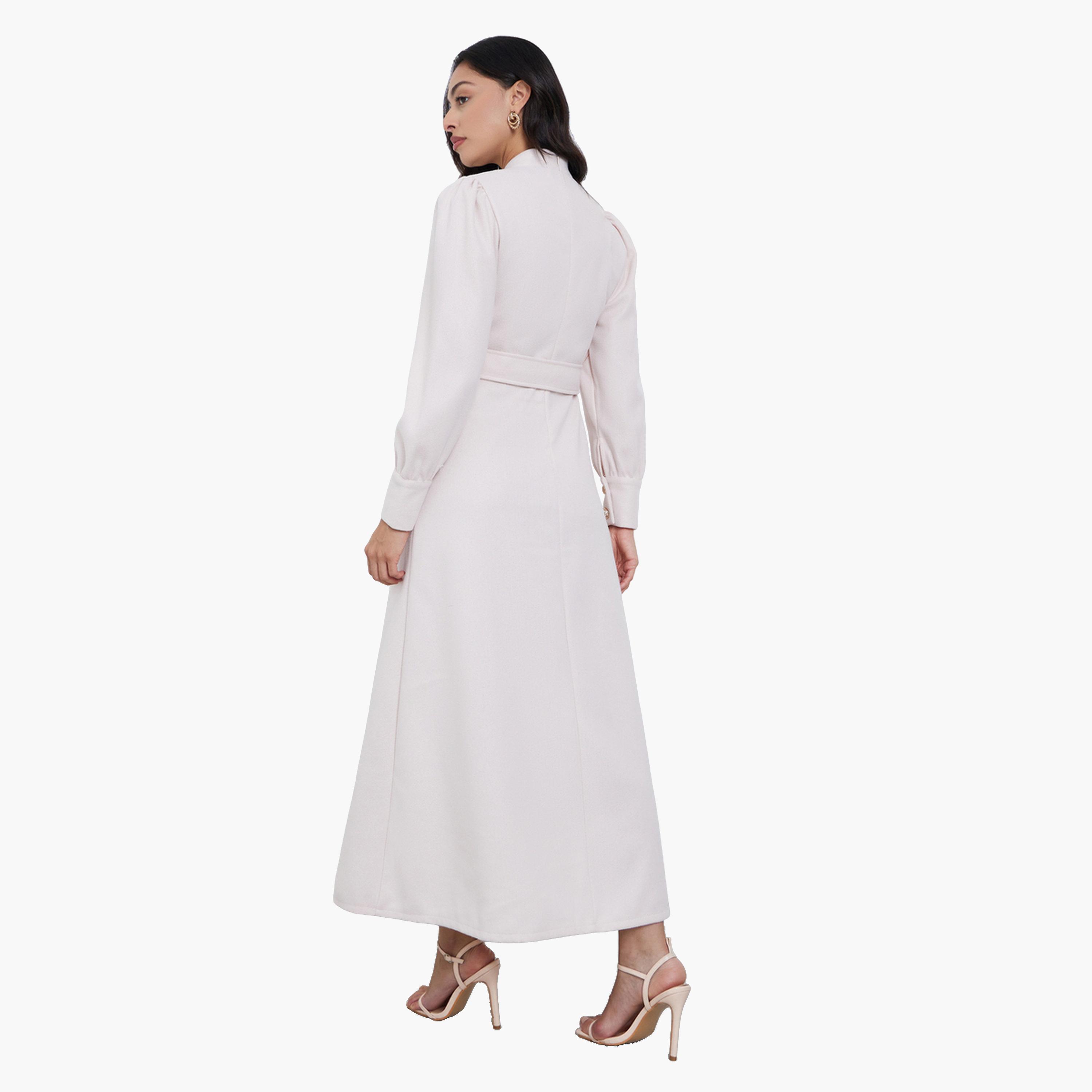 Styli Women Beige Long Sleeve Belted A-Line Maxi Dress-women-clothing-dresses-image-4