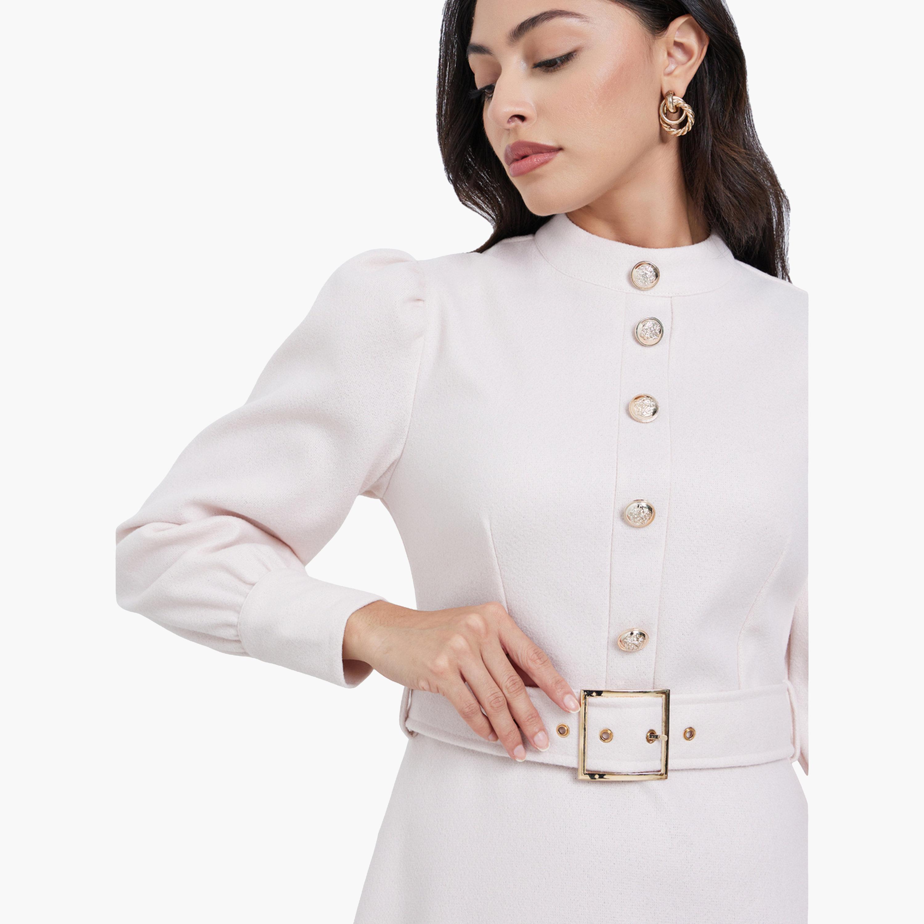 Styli Women Beige Long Sleeve Belted A-Line Maxi Dress-women-clothing-dresses-image-5