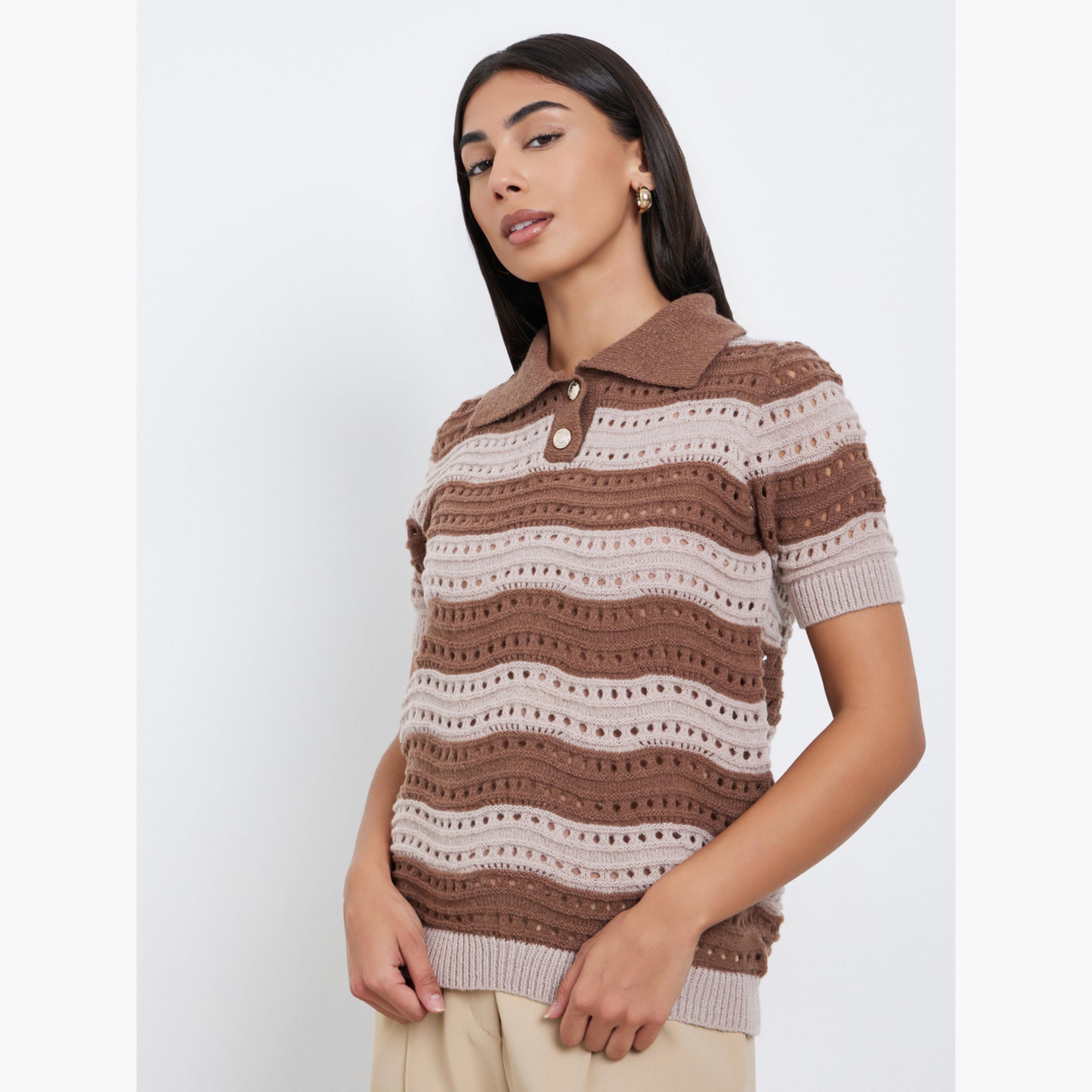 Styli Women Brown Striped Hollow Knit Polo T-Shirt-women-clothing-tshirts-image-1
