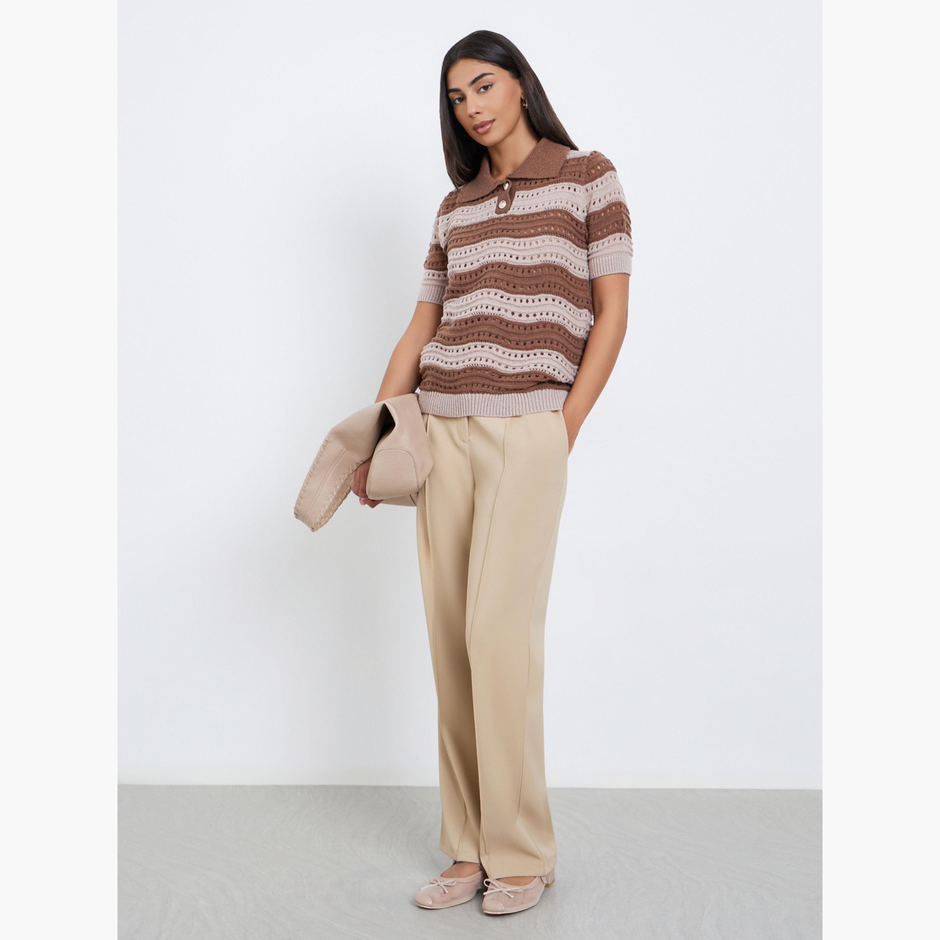 ستايلي - تي شيرت بولو مخطط بني اللون للنساء-women-clothing-tshirts-image-2