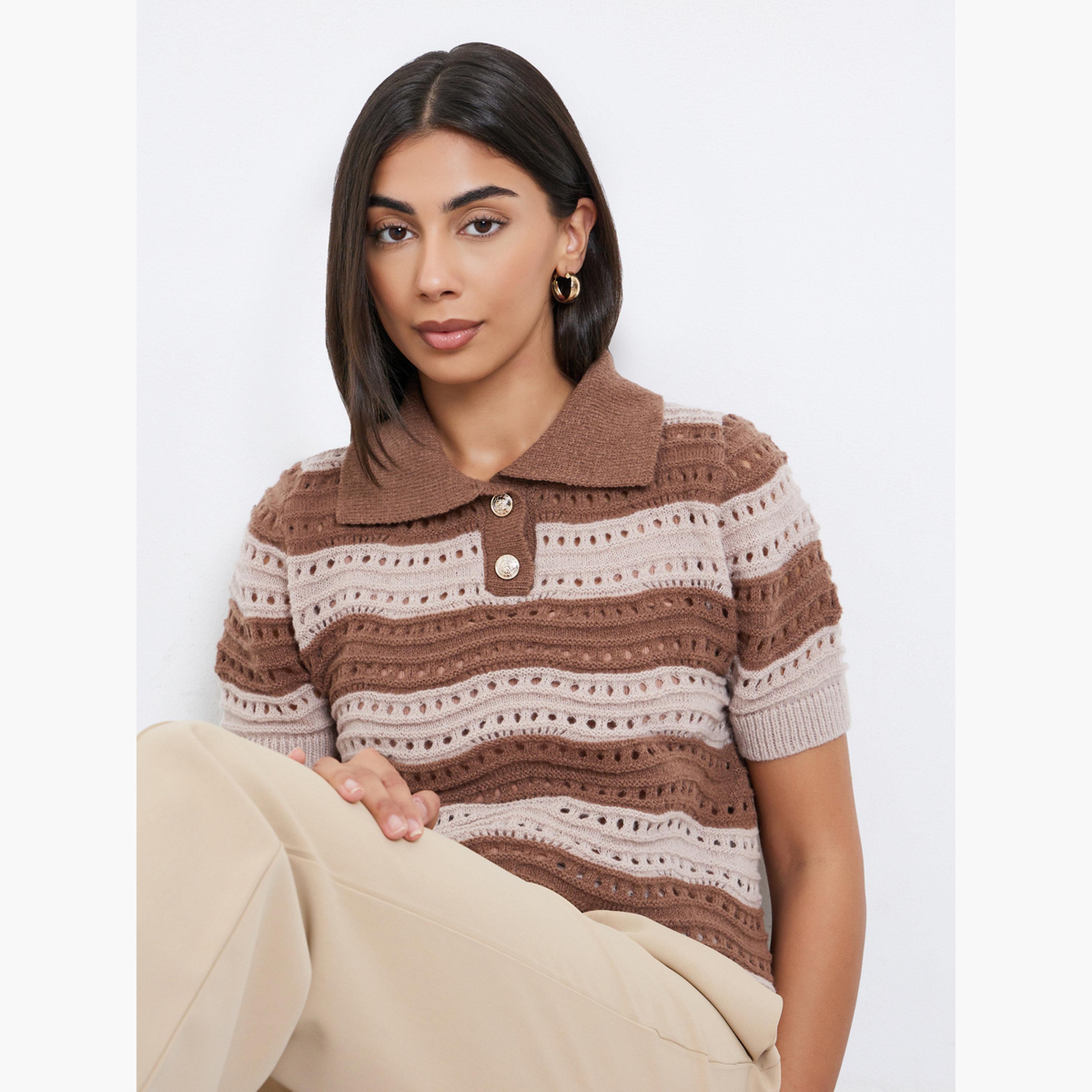 ستايلي - تي شيرت بولو مخطط بني اللون للنساء-women-clothing-tshirts-image-3