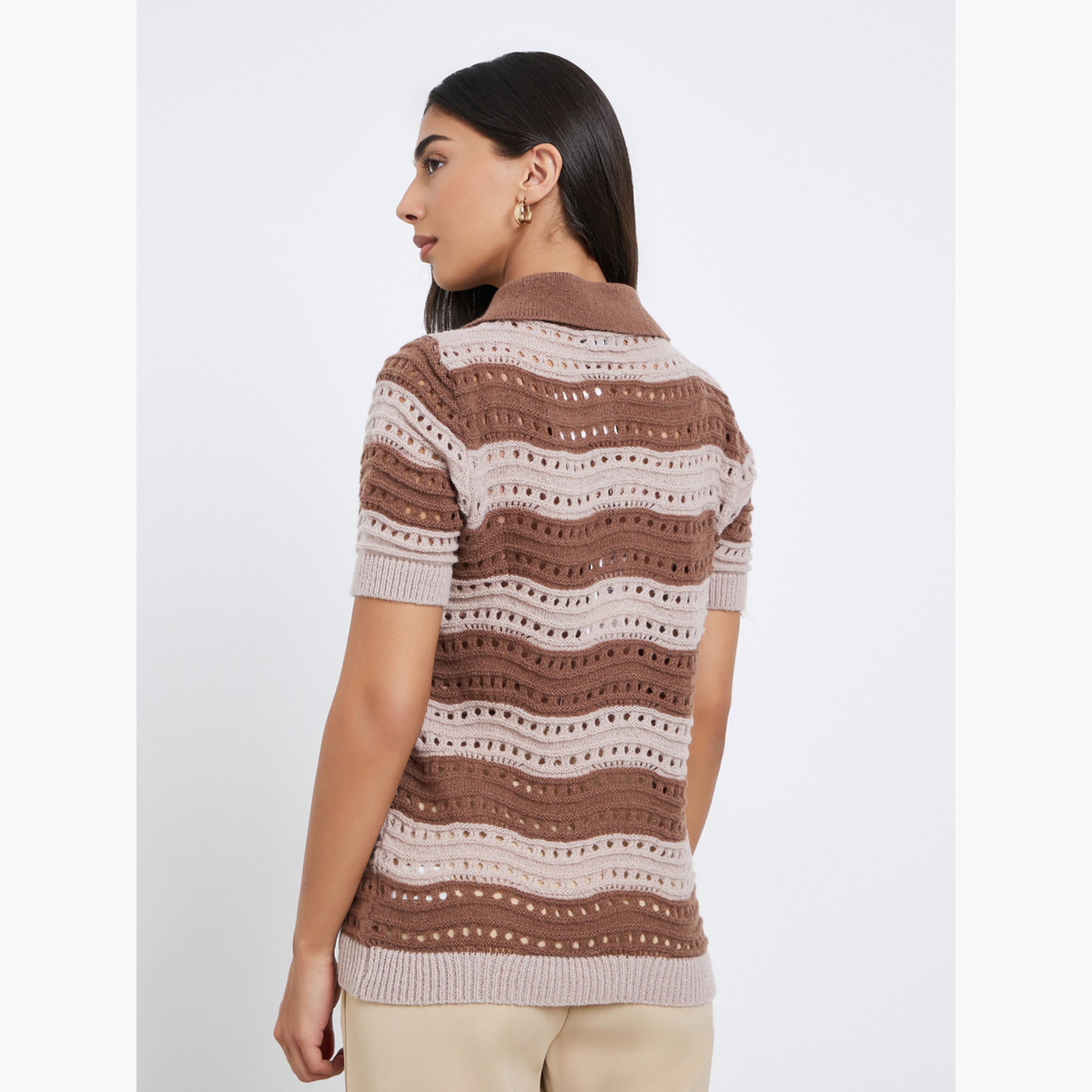 Styli Women Brown Striped Hollow Knit Polo T-Shirt-women-clothing-tshirts-image-5