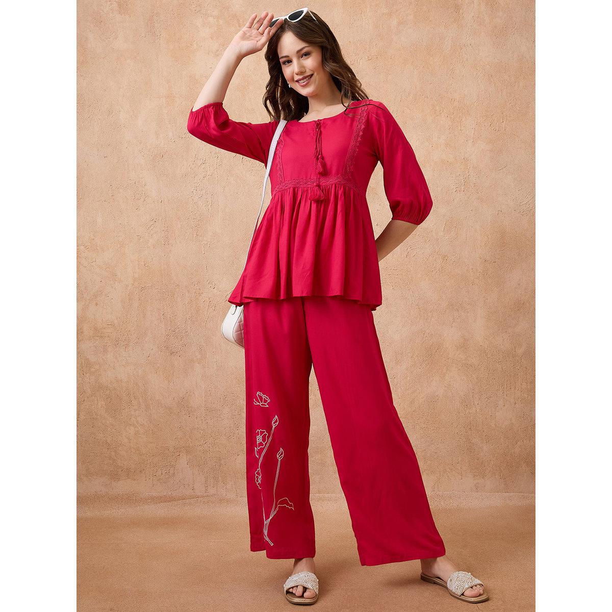 Globus X Styli Red Lace Insert Peplum Top and Trousers Workwear Co-Ords-women-clothing-coordsets-image-1