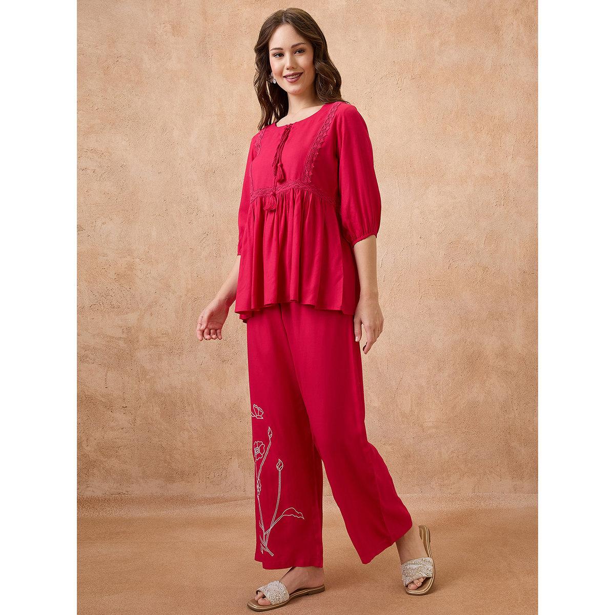 Globus X Styli Red Lace Insert Peplum Top and Trousers Workwear Co-Ords-women-clothing-coordsets-image-2