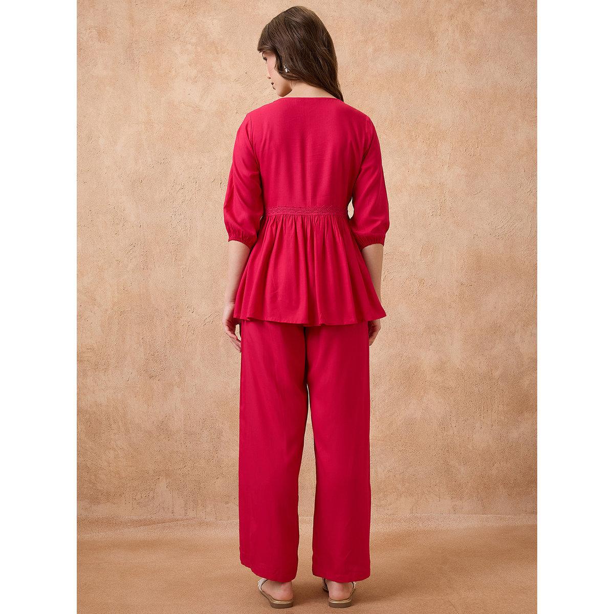 Globus X Styli Red Lace Insert Peplum Top and Trousers Workwear Co-Ords-women-clothing-coordsets-image-3