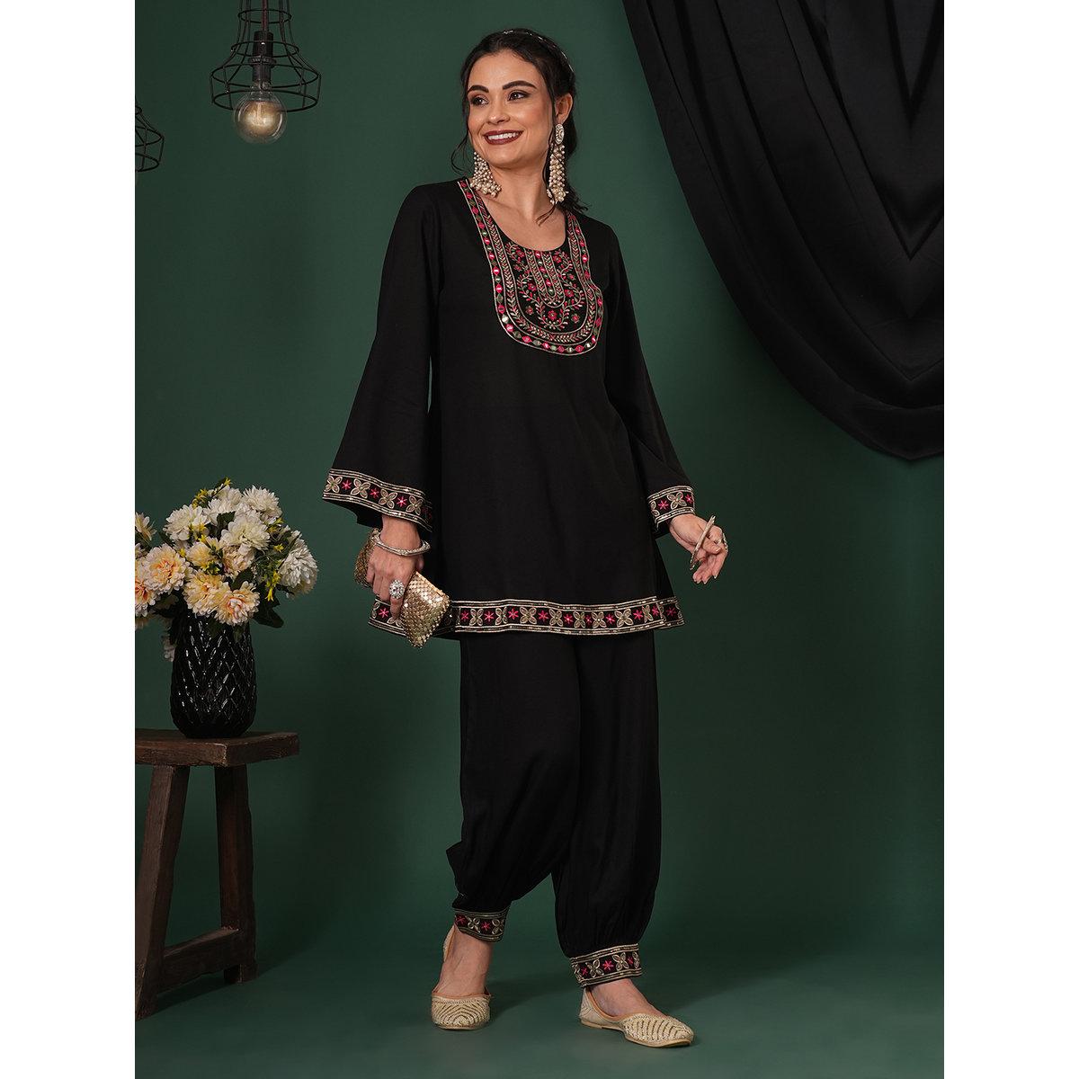Globus X Styli Black Embroidered Yoke Tunic and Afghani Pants Fusion Co-Ords-women-clothing-coordsets-image-1