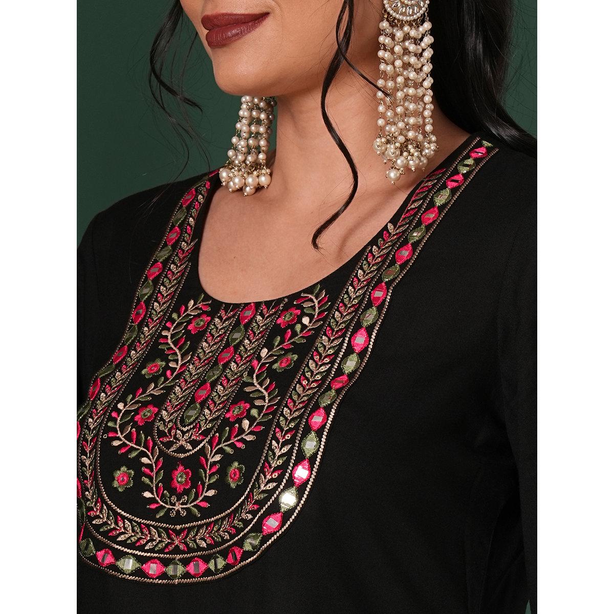 Globus X Styli Black Embroidered Yoke Tunic and Afghani Pants Fusion Co-Ords-women-clothing-coordsets-image-4