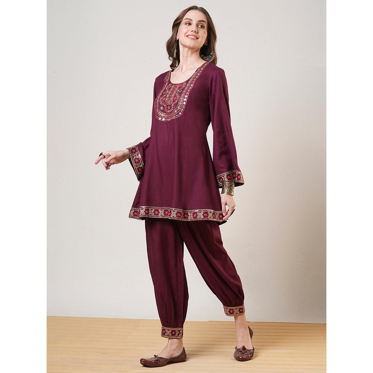 Globus X Styli Maroon Embroidered Yoke Tunic and Afghani Pants Fusion Co-Ords-women-clothing-coordsets-image-2