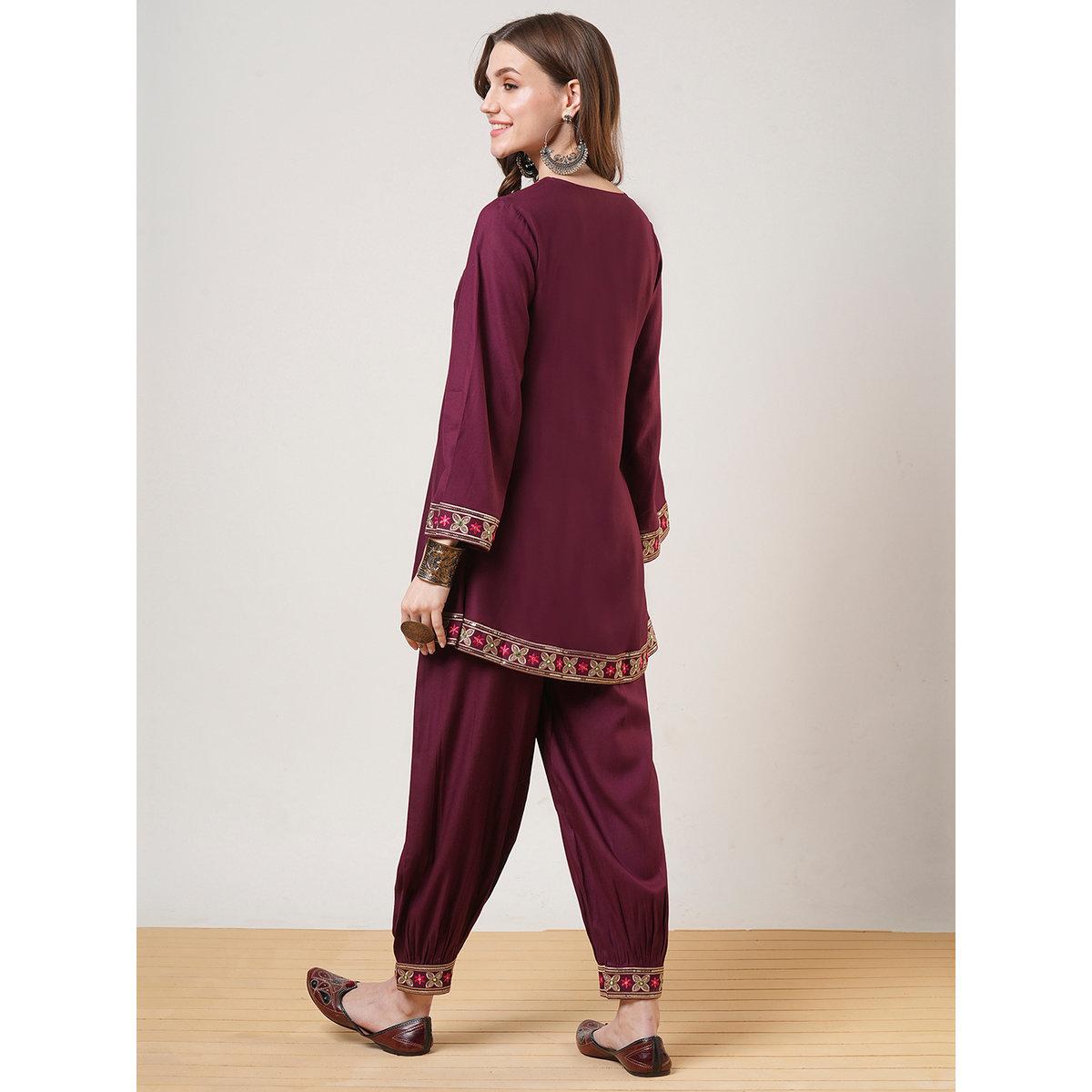 Globus X Styli Maroon Embroidered Yoke Tunic and Afghani Pants Fusion Co-Ords-women-clothing-coordsets-image-3