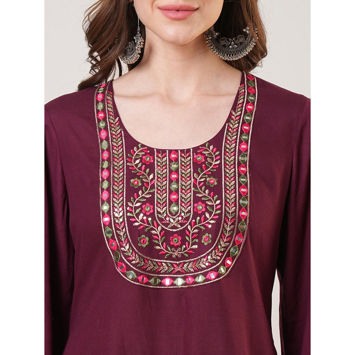 Globus X Styli Maroon Embroidered Yoke Tunic and Afghani Pants Fusion Co-Ords-women-clothing-coordsets-image-4