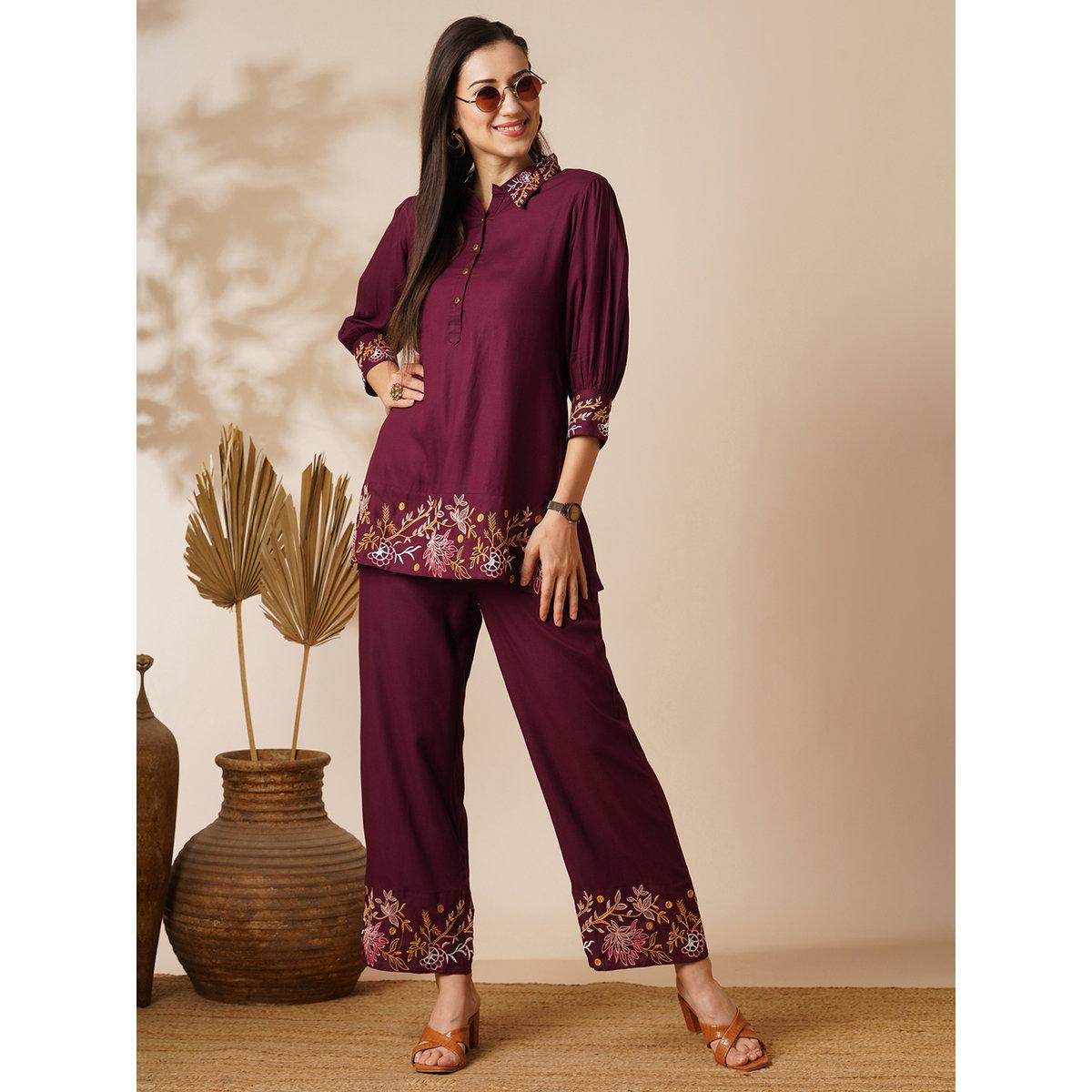 Globus X Styli Burgundy Embroidered Shirt and Pants Fusion Co-Ords-women-clothing-coordsets-image-1