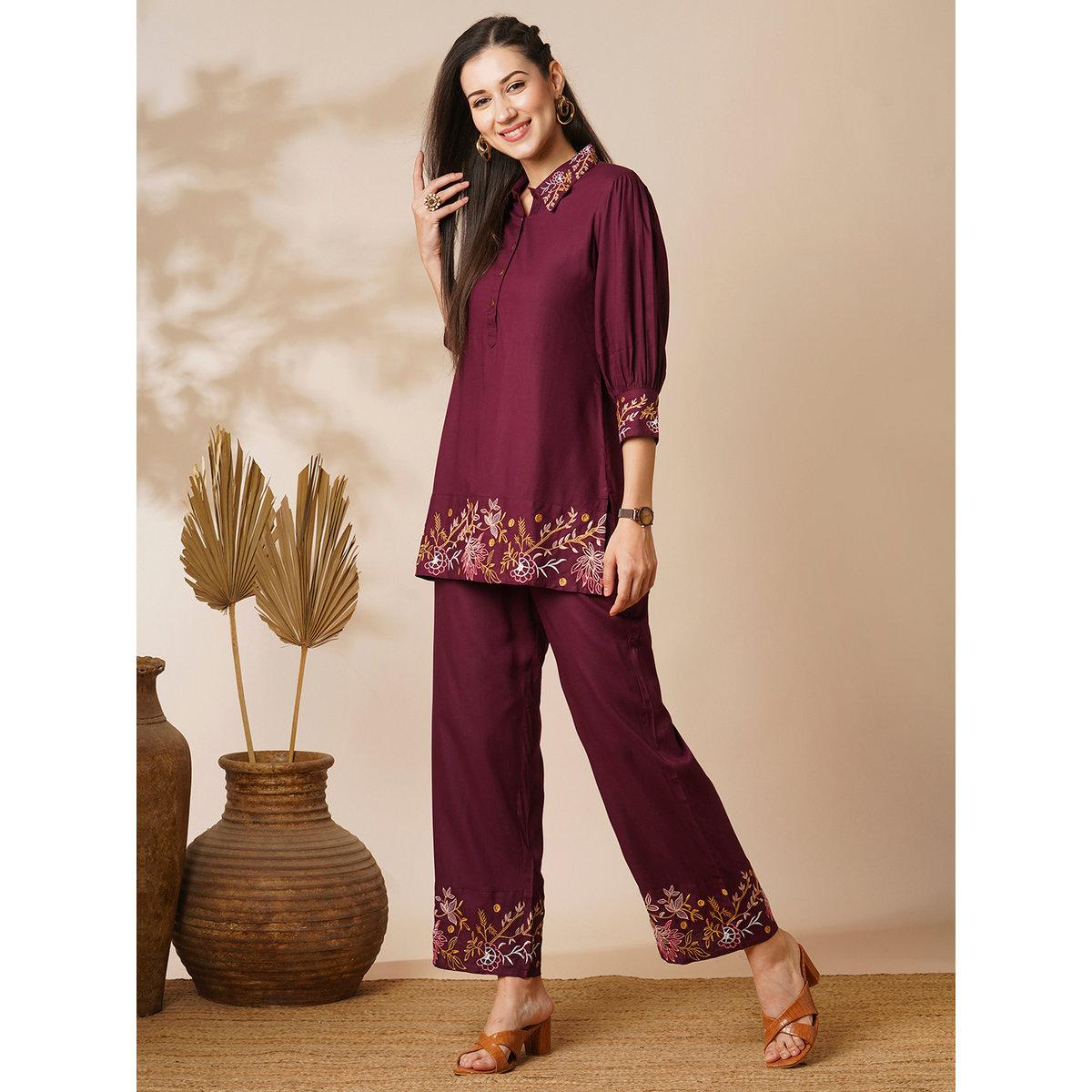 Globus X Styli Burgundy Embroidered Shirt and Pants Fusion Co-Ords-women-clothing-coordsets-image-2